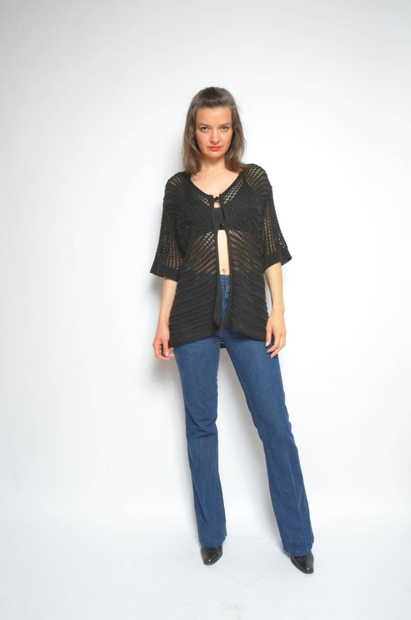 90Er Vintage Fischnetz Strick Top Transparente Schwarze Baumwoll Bluse, Large von MikseStudio