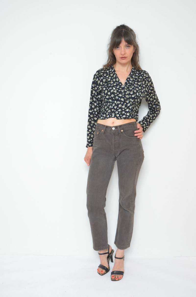 90S Floral Bauchfreie Bluse Vintage Bluse Mit Mikroblumen-Knöpfen, Gr. S von MikseStudio