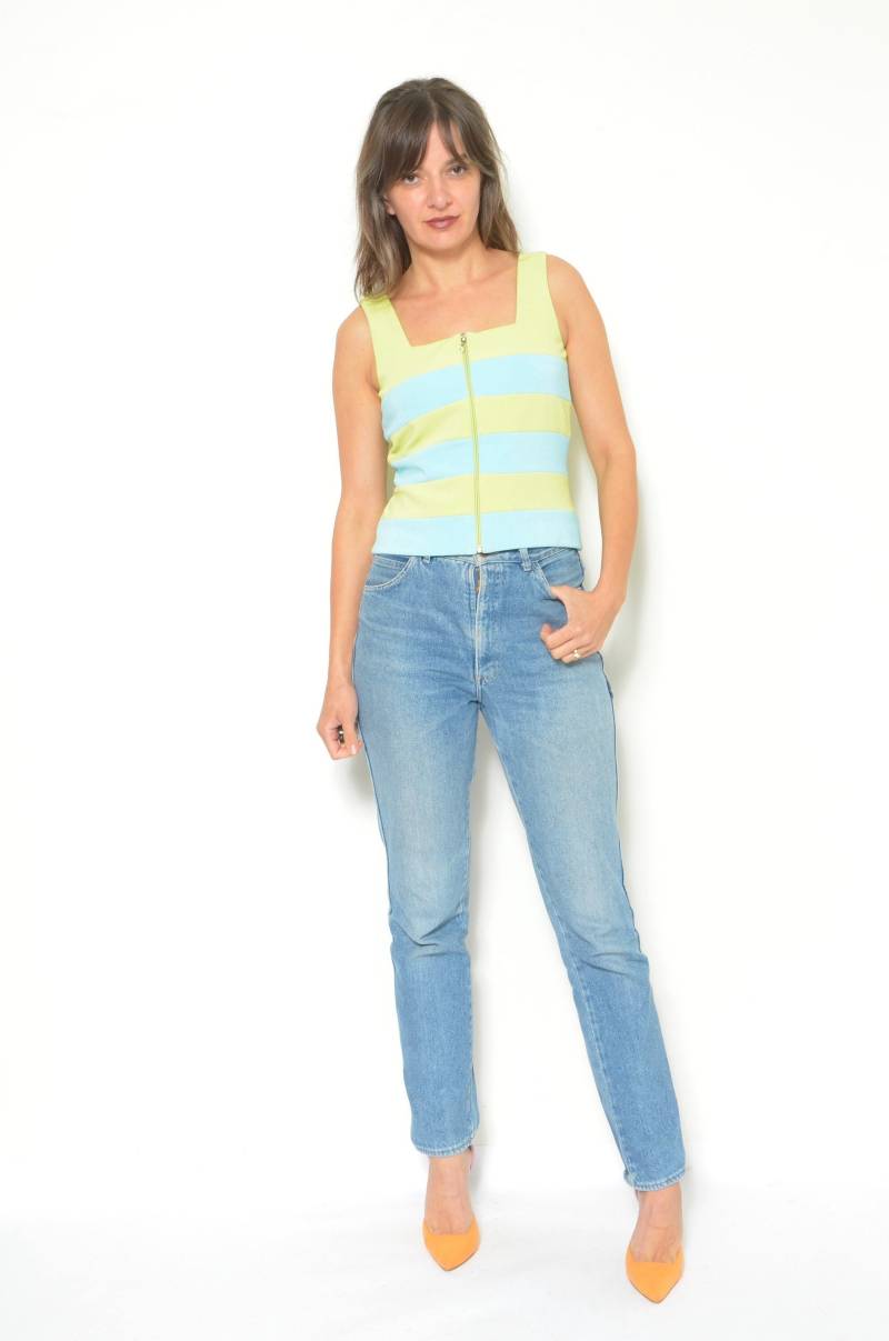 90S Vintage Gestreiftes Crop Top Farbblock Reißverschluss Bluse, Größe S von MikseStudio