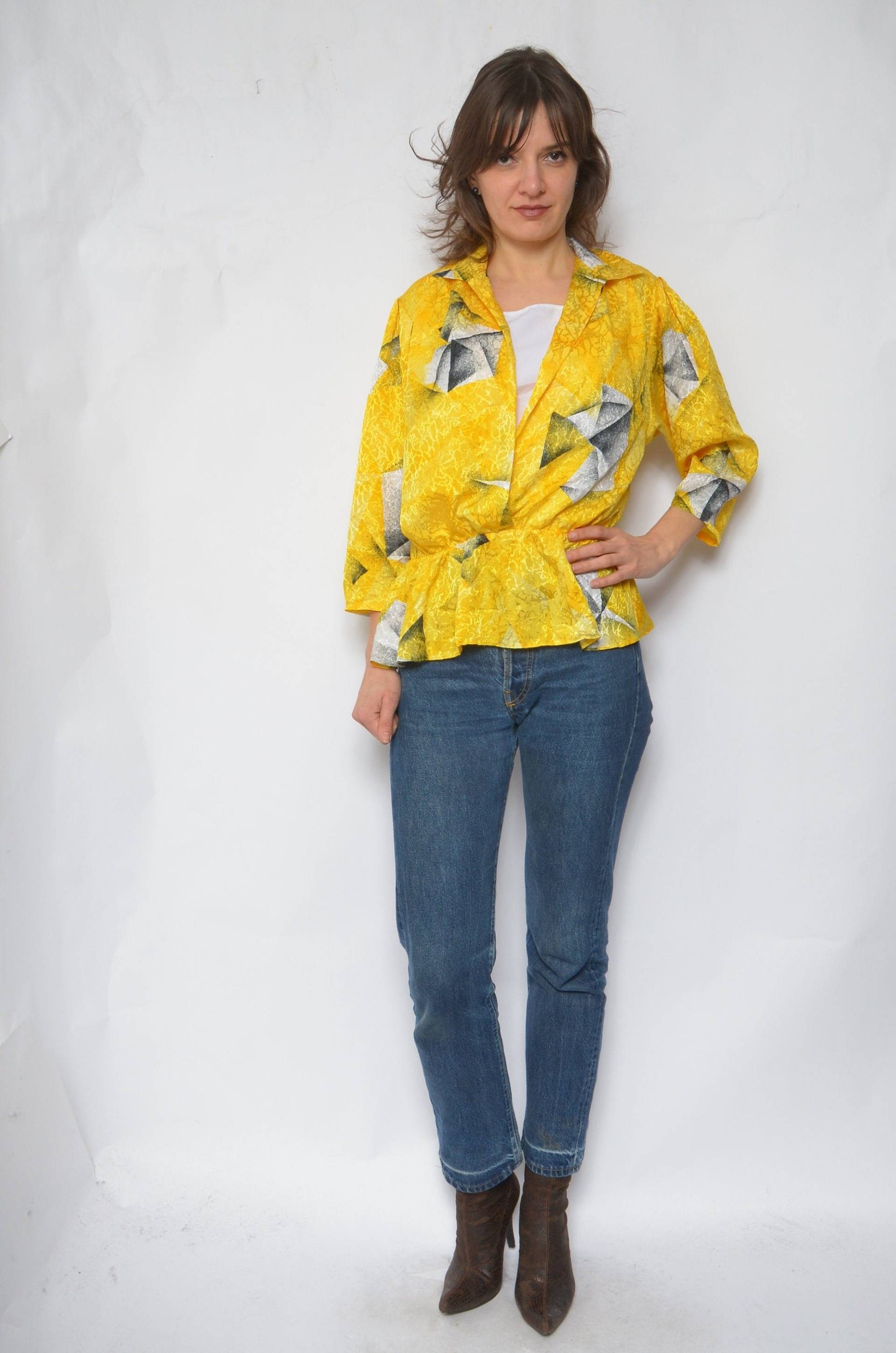 Abstrakte Druck Satin Bluse/Vintage 80Er Jahre Peplum Lange Ärmel Hell Gelb Top - Größe Groß von MikseStudio