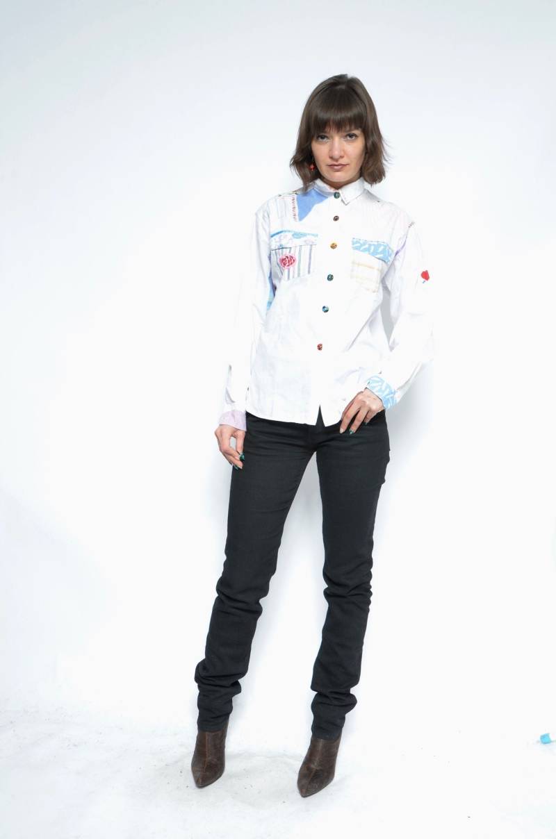 Bestickte Bluse Knopf/Vintage 90Er Jahre Florale Herz Patchwork Shirt Langarm Top - Größe Medium von MikseStudio