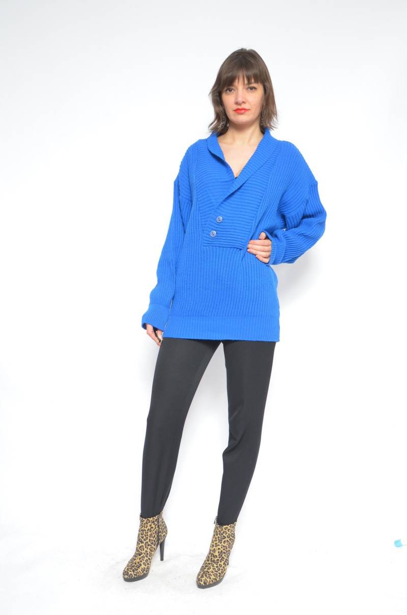 Blauer Gerippter Pullover/80Er Jahre Vintage Rippenpullover von MikseStudio