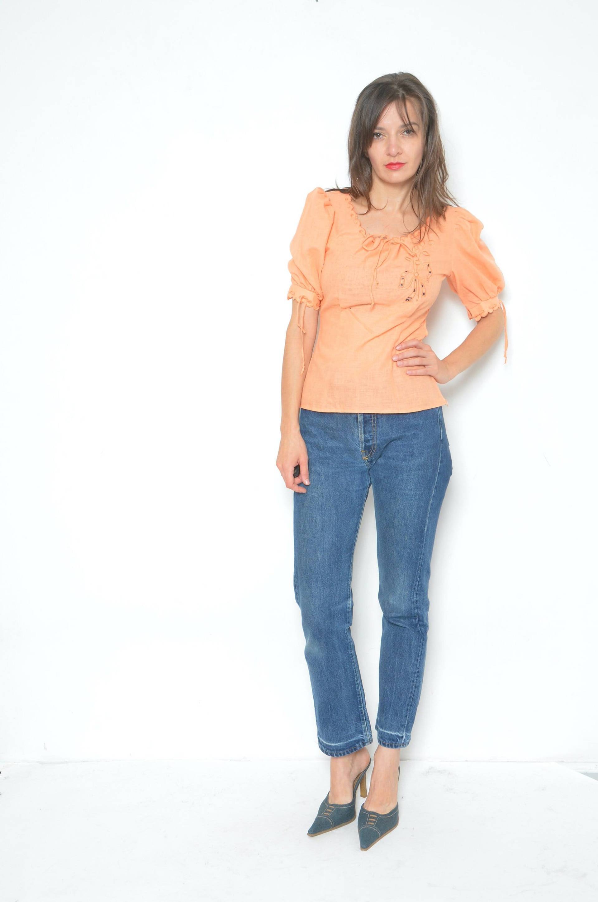 Bluse Im Folk-stil Mit Puffärmeln/Vintage 80Er Jahre Besticktes Sommer-Top - Größe Klein von MikseStudio