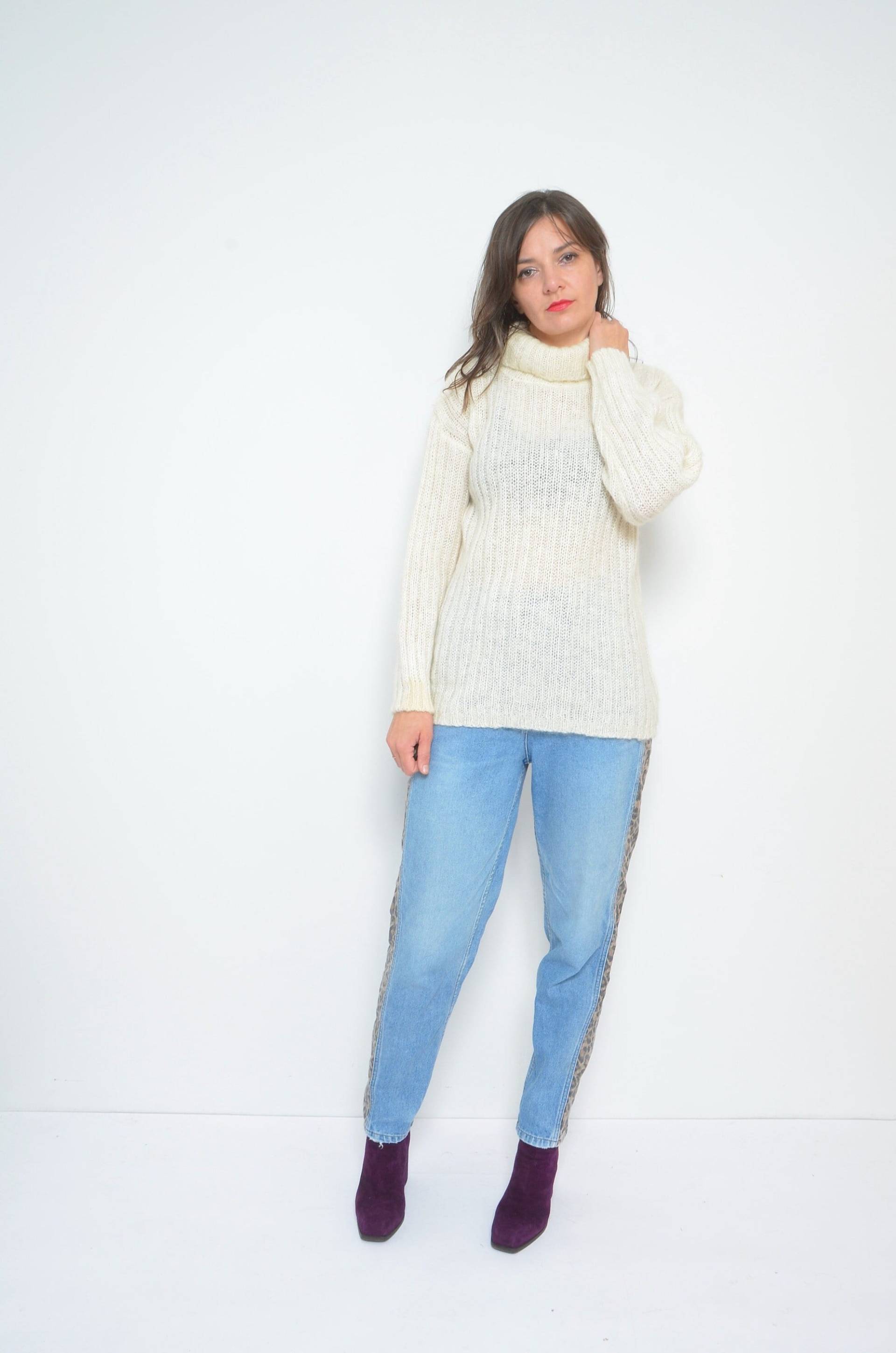 Bündchen Mohair Rollkragen/Vintage 90Er Strickwolle Oversized Wollpullover - Größe Medium von MikseStudio