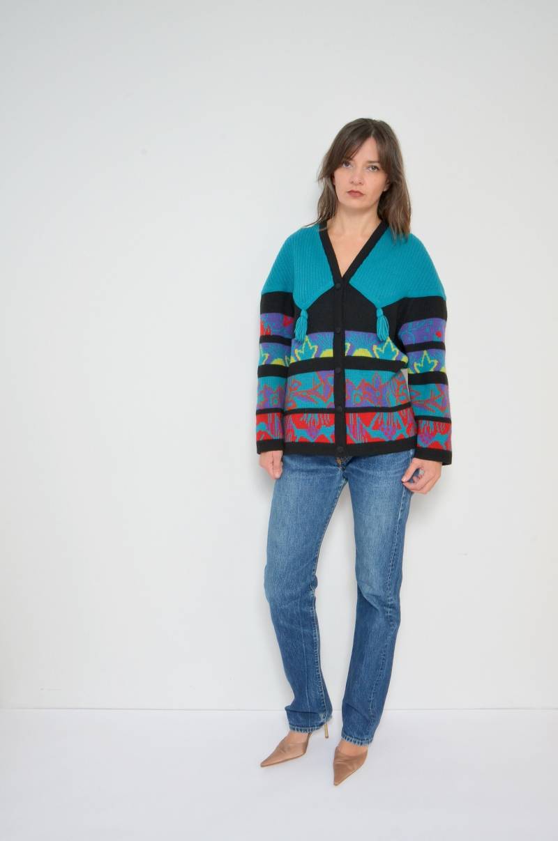 Bunte Knopfjacke/Vintage 90Er Mehrfarbig Wolle Floral Gerippter Pullover Mit Quasten von MikseStudio