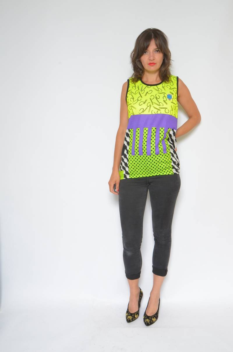 Buntes Biker-Top/Vintage 90Er-Jahre-Farbblock-Gesäßtaschen, Ärmelloses Hemd - Größe Groß von MikseStudio