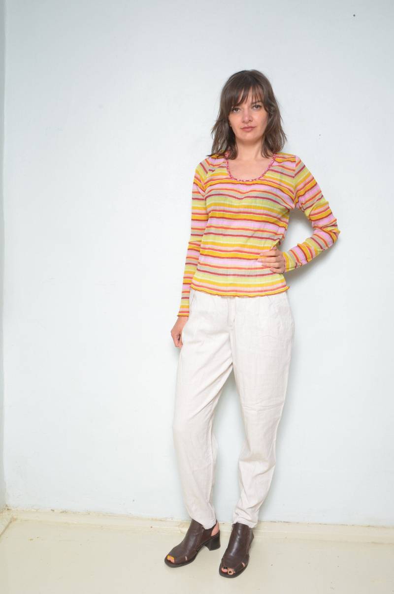 Farbenfrohes Netz Top/Vintage 90Er Jahre Langarm Gestreifte Farbige Durchsichtig Bluse - Größe Medium von MikseStudio