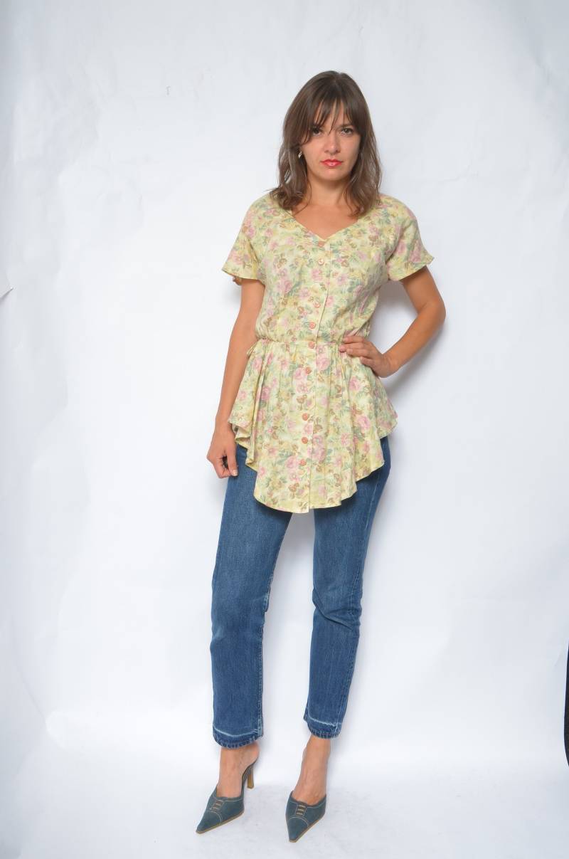Floral Knöpfe Bluse /Vintage 90Er Jahre Peplum Bunte Shirt/Kurzarm Blume Top - Größe Groß von MikseStudio