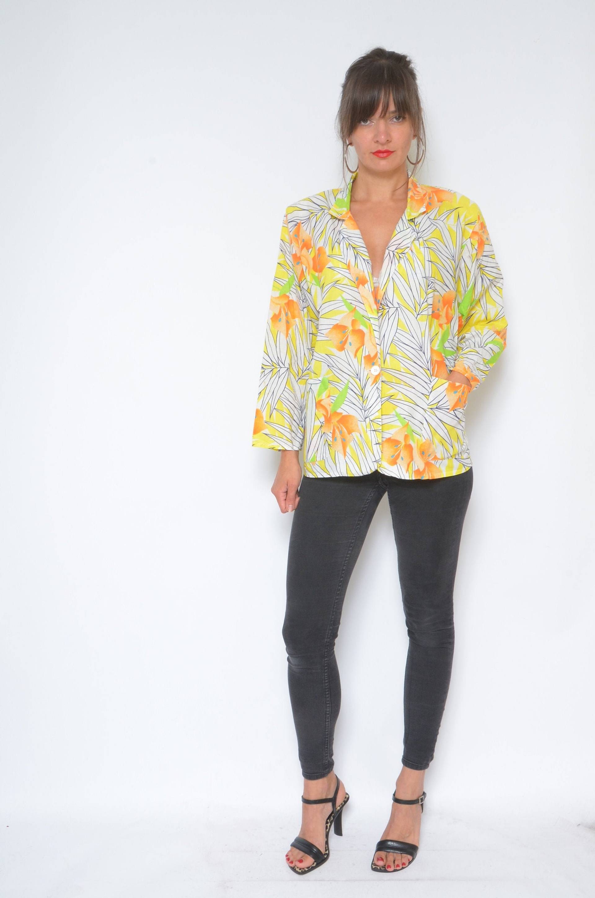 Floral Sommer Blazer/Vintage 80Er Jahre Button Übergroße Tasche Licht Jacke - Größe Klein von MikseStudio
