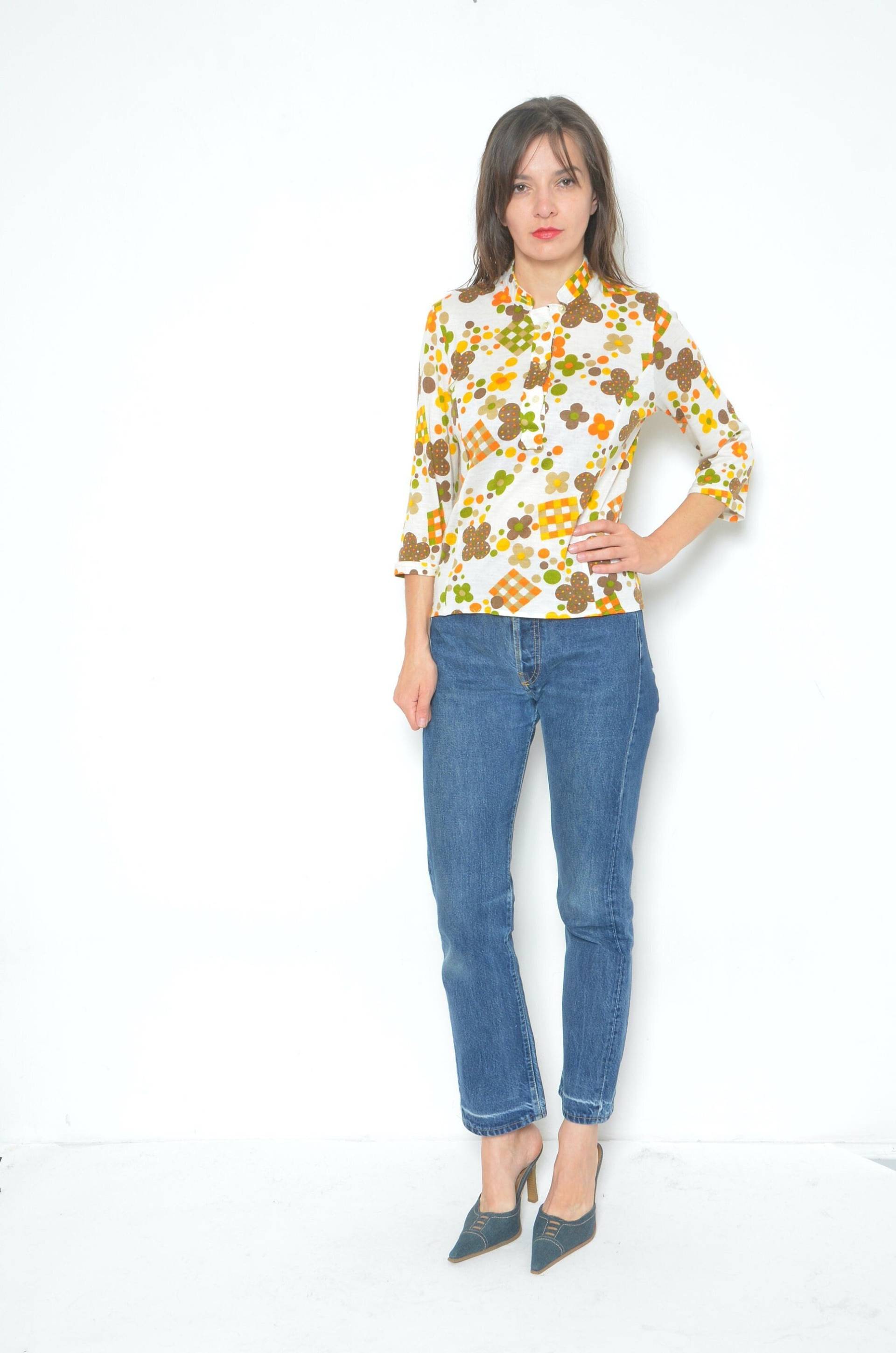 Florale Knöpfe Up Top/Vintage 70Er Jahre Bunte Print Langarm Bluse - Größe Groß von MikseStudio