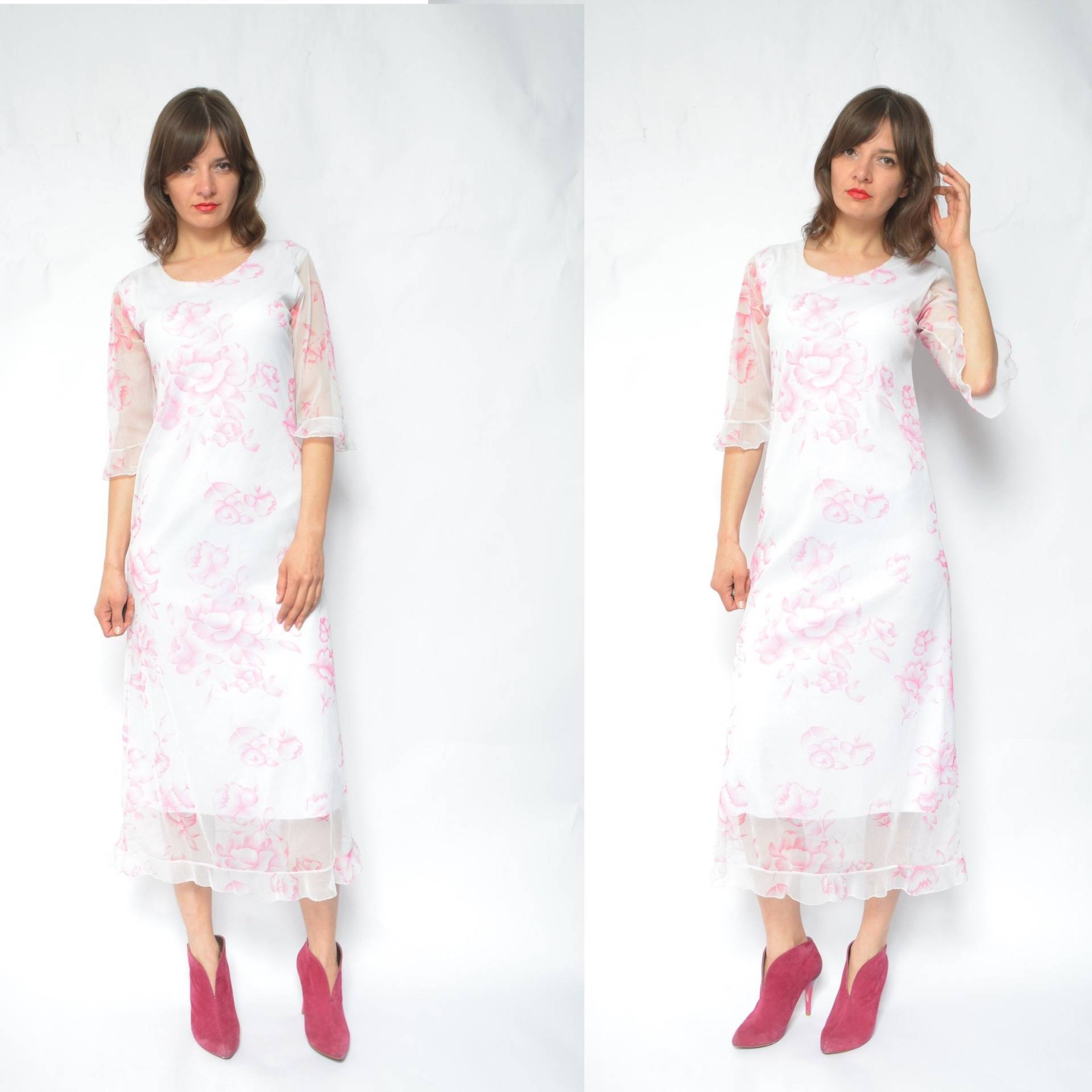 Florales Weißes Netz Kleid/Vintage 90Er Jahre Sheer Mesh Maxi Sommerkleid - Größe Medium 07 20 von MikseStudio