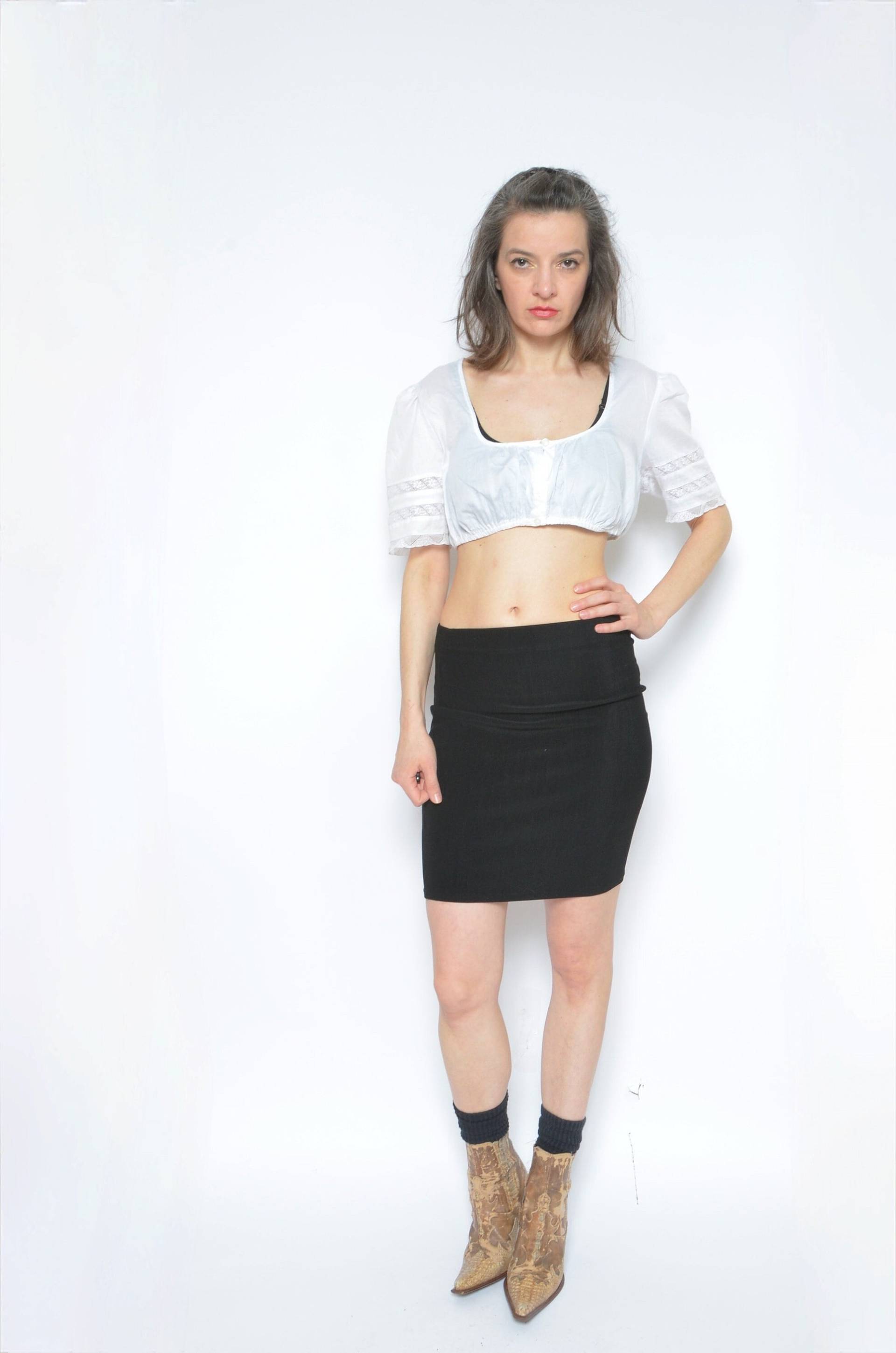 Folk Crop Top/Weiß Puffy Sleeve Button Cropped Shirt Bluse Vintage 90 - Größe Groß von MikseStudio