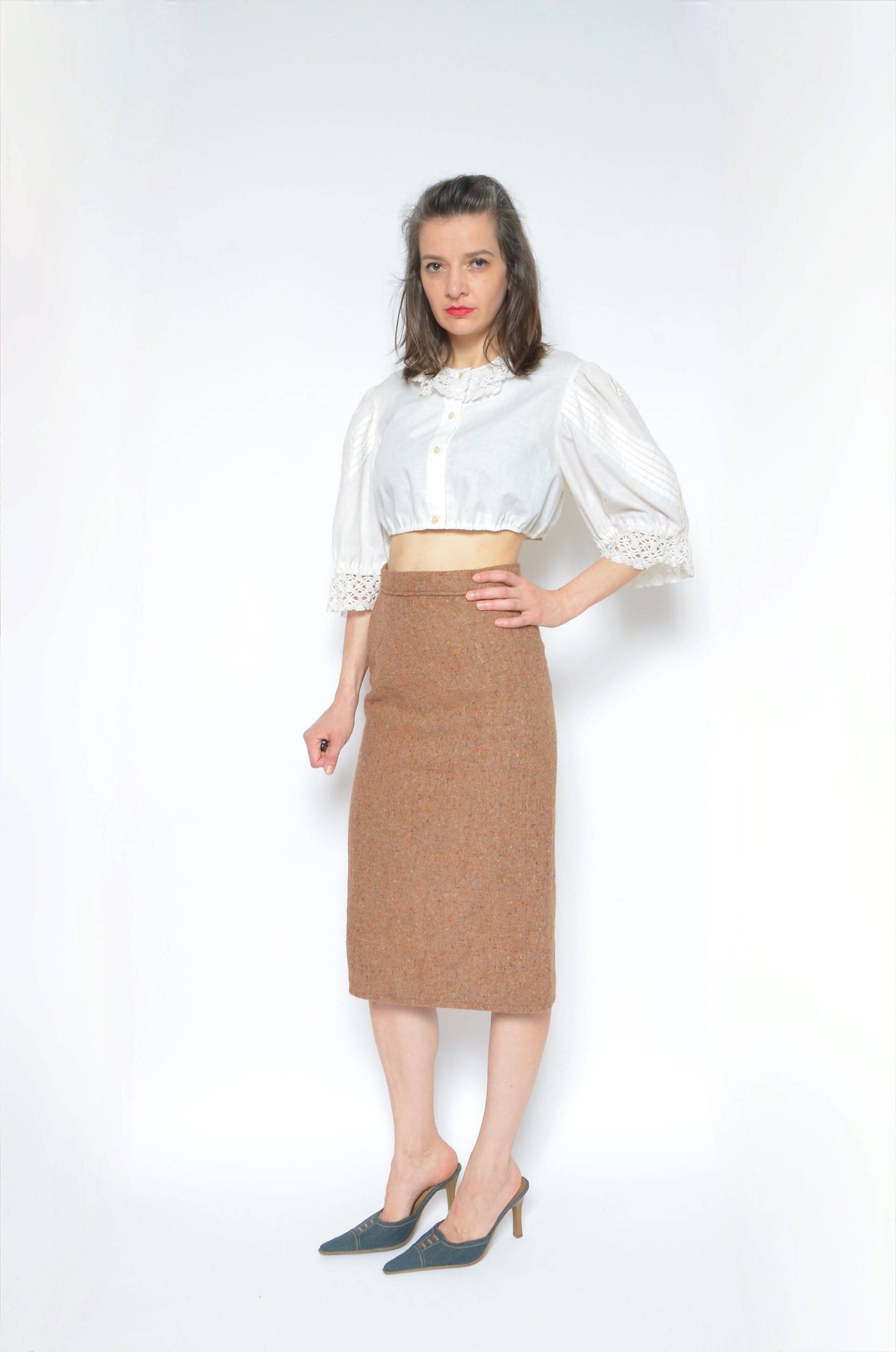 Folk Crop Top/Weiß Puffy Sleeve Button Cropped Shirt Bluse Vintage 90 - Größe Groß von MikseStudio