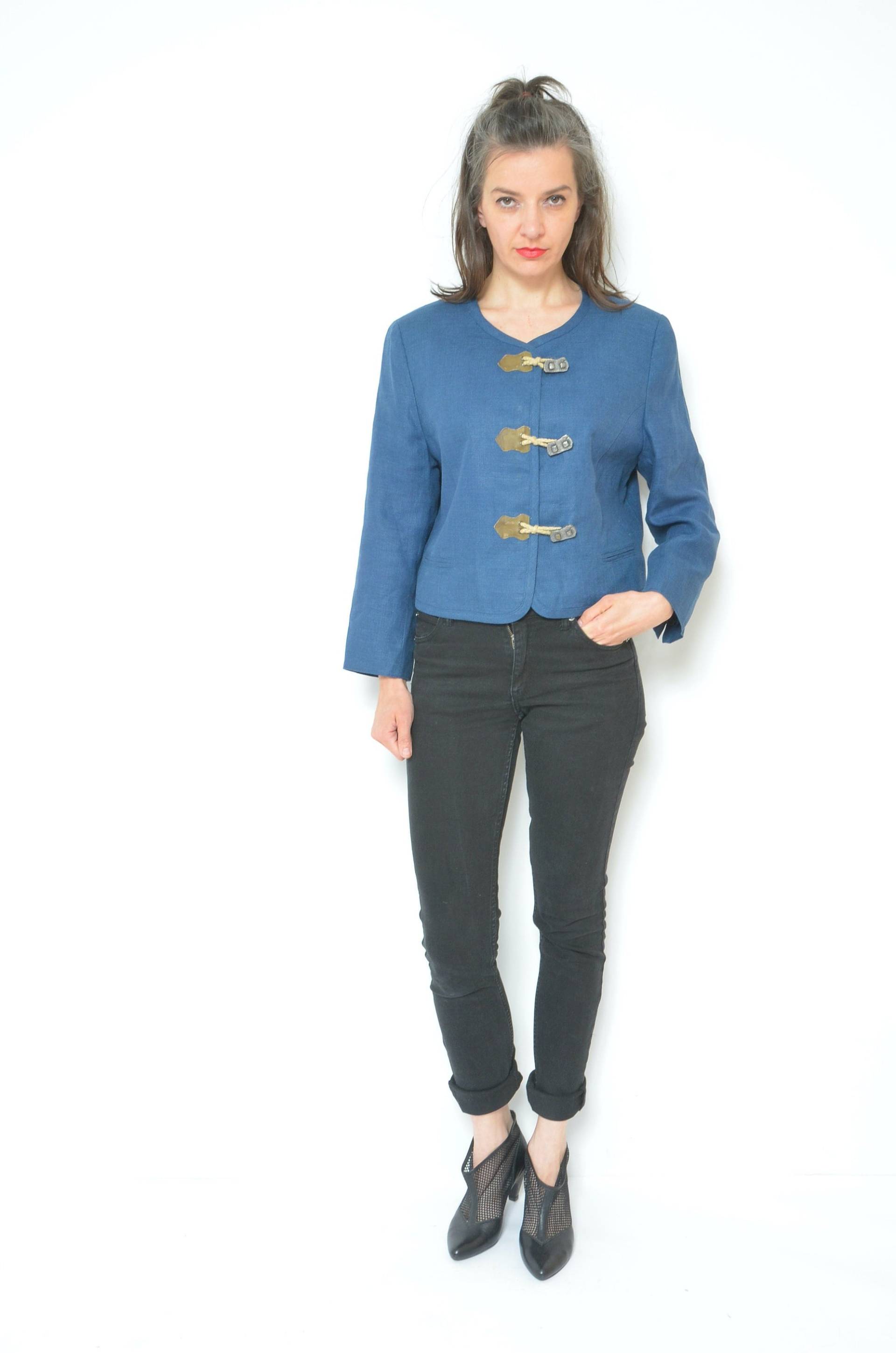 Folk Style Leinen Jacke/Vintage 90Er Jahre Tiroler Blazer Mit Kurzen Knöpfen - Size Large von MikseStudio