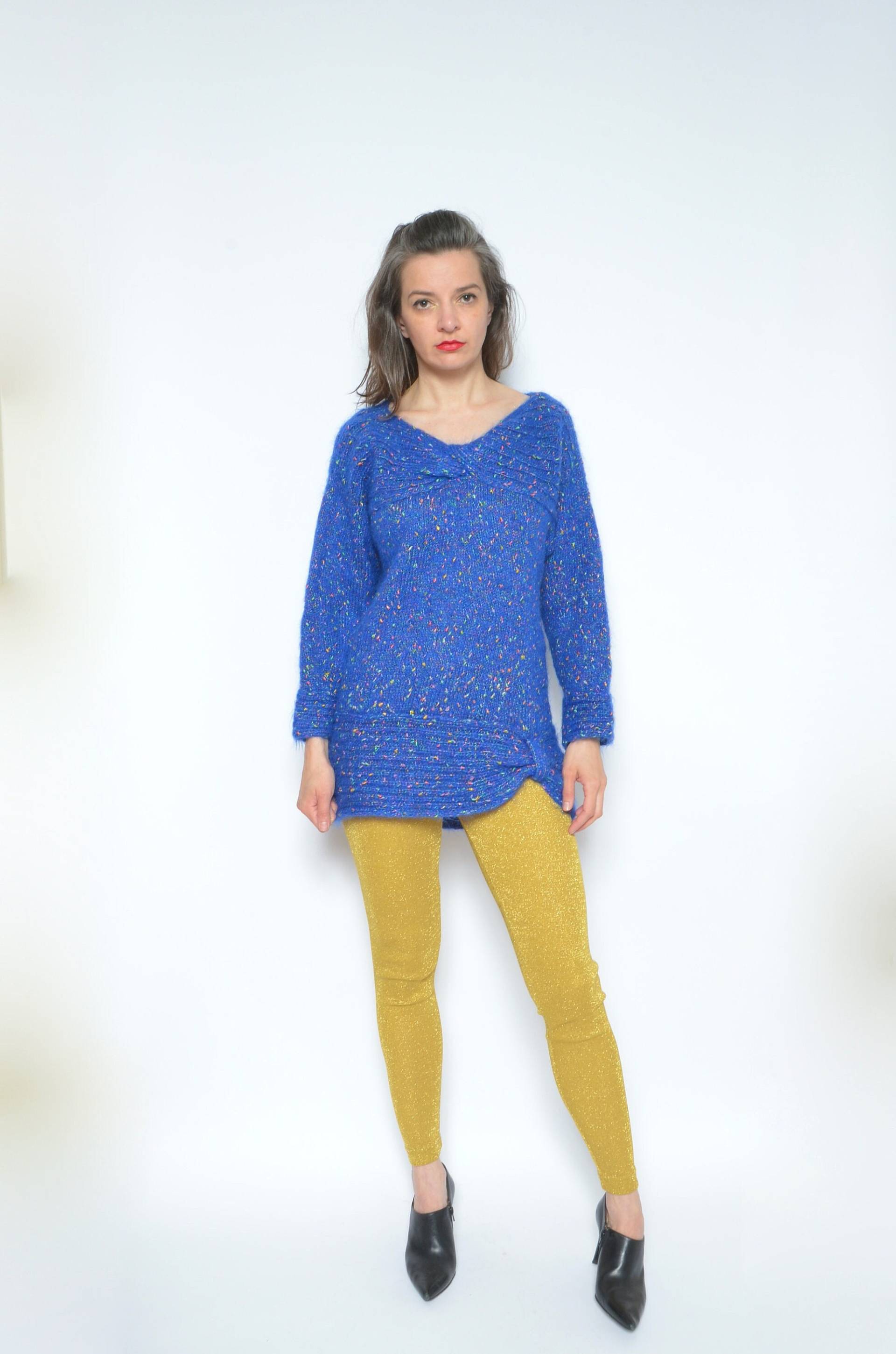 Fuzzy Long Sweater/Vintage 90Er Geflochtener Strick Bunt Flauschiger Oversized Pullover - Größe Medium von MikseStudio