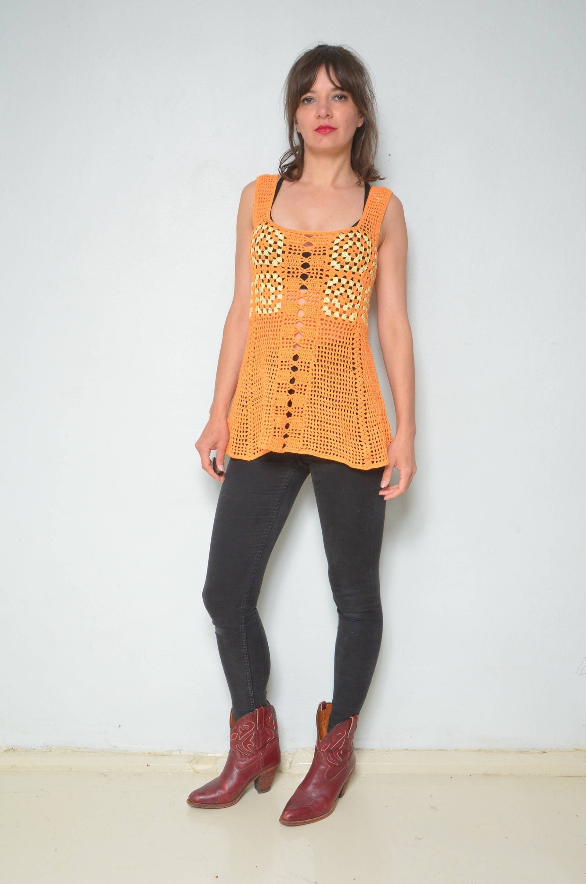 Gehäkeltes Langes Top/Vintage 90Er-Jahre-Oma-Quadrat-Durchsichtige Strickbluse - Größe Klein von MikseStudio