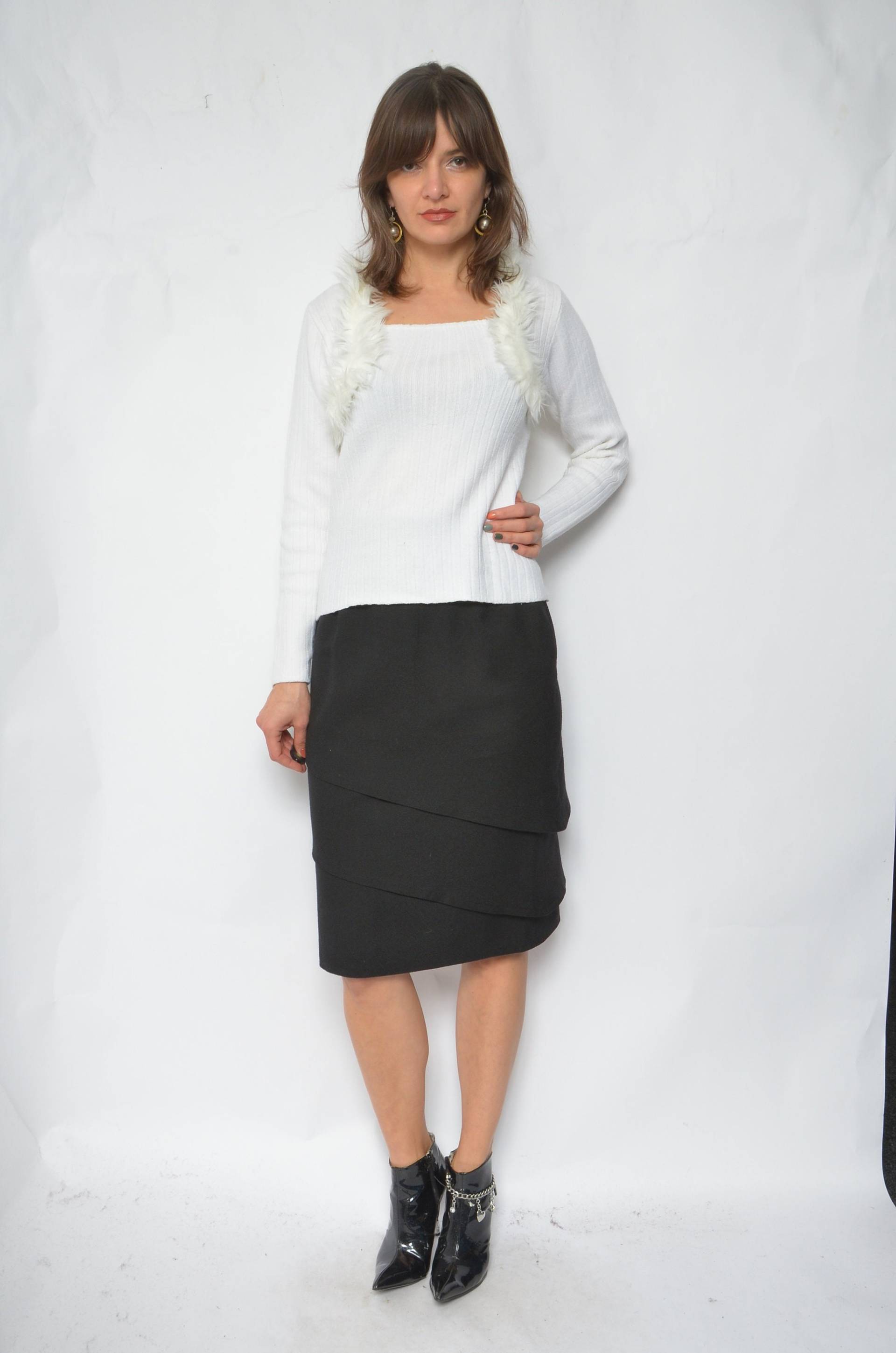 Gerippte Bluse Pullover/Vintage 90Er Jahre Kunstpelz Kragen Langärmelige Weiße - Größe Medium von MikseStudio