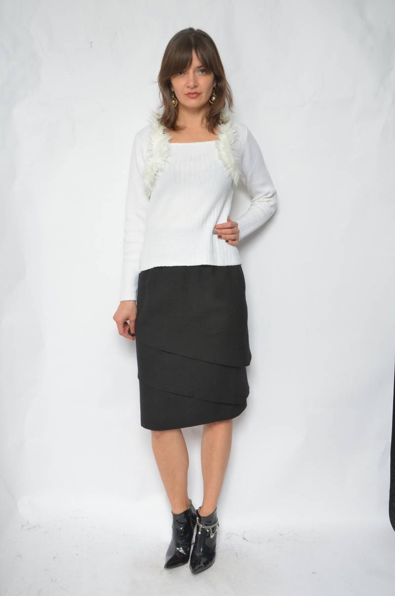 Gerippte Bluse Pullover/Vintage 90Er Jahre Kunstpelz Kragen Langärmelige Weiße - Größe Medium von MikseStudio