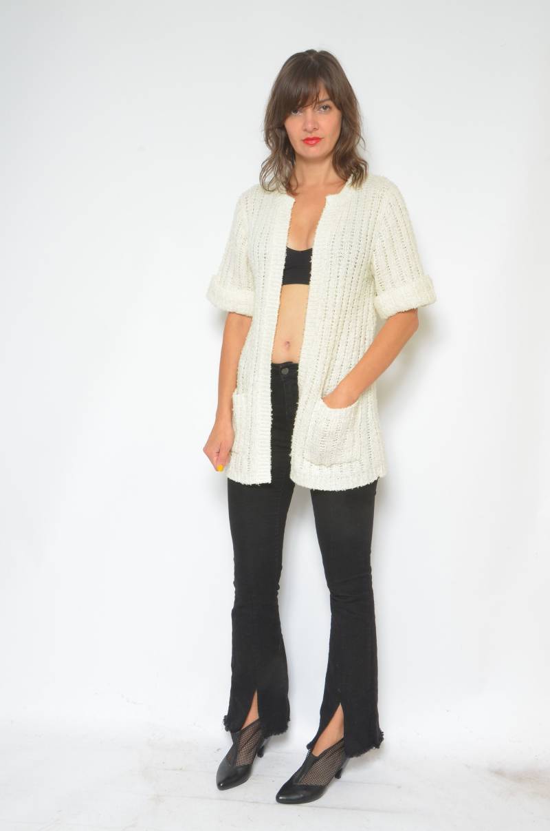 Gerippte Wolle Cardigan/Vintage 90Er Jahre Kurze Ärmel Lange Tasche Pullover - Größe Klein von MikseStudio