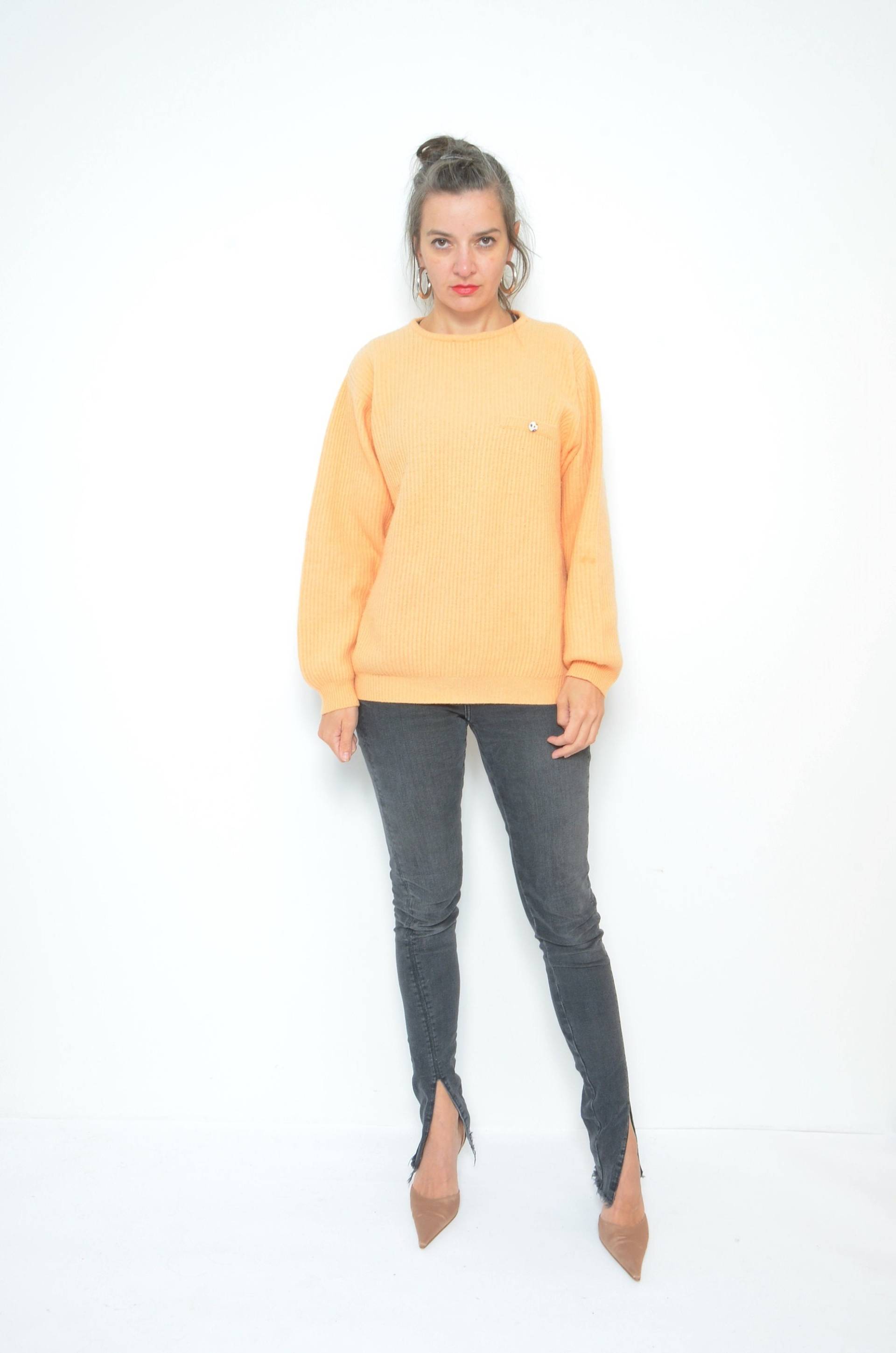 Gerippter Oversized Pullover/Vintage 80Er Wolle Hell Orange Winter Crew Neck - Größe Klein von MikseStudio