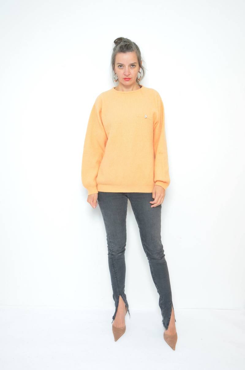 Gerippter Oversized Pullover/Vintage 80Er Wolle Hell Orange Winter Crew Neck - Größe Klein von MikseStudio