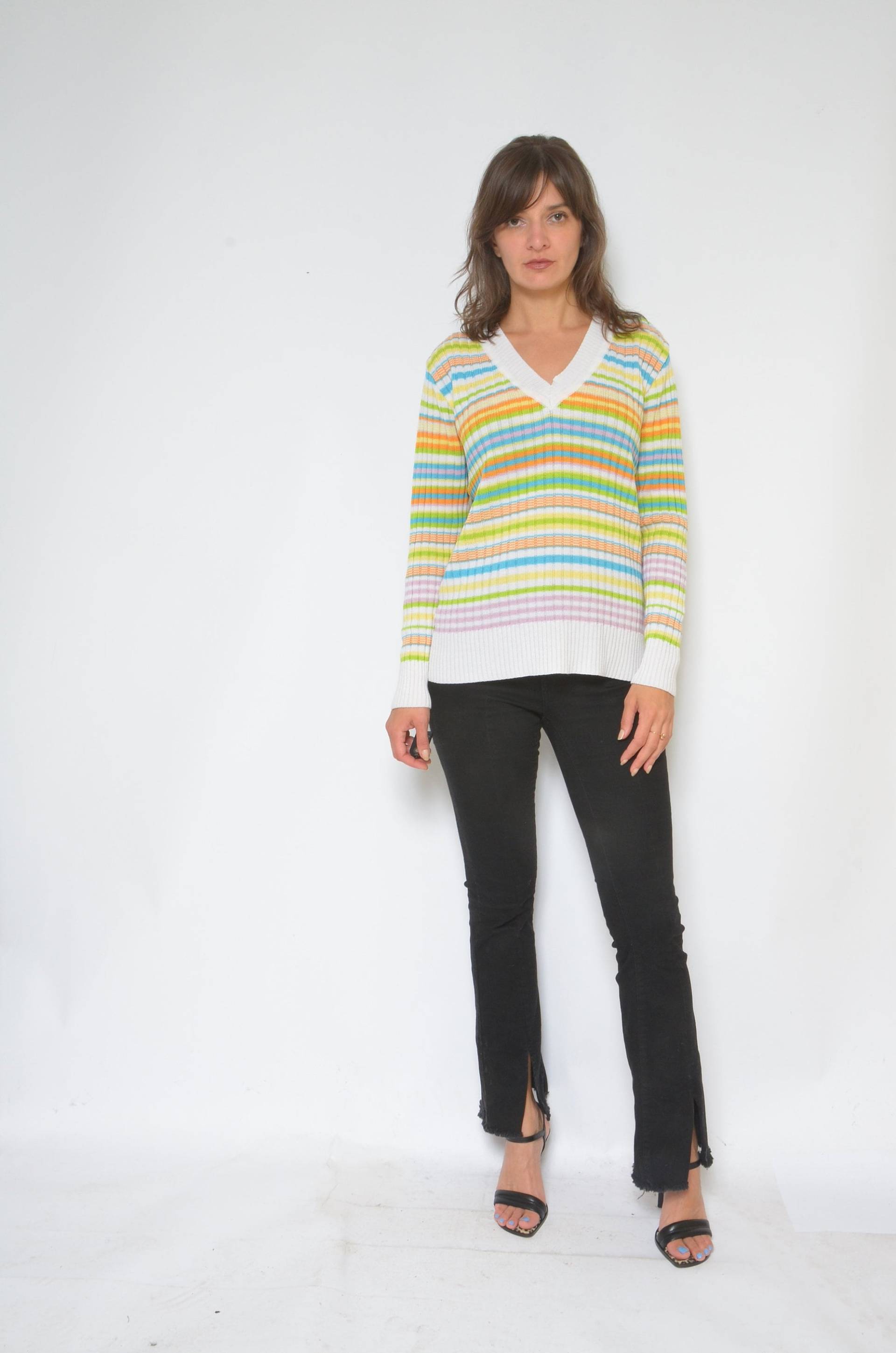 Gerippter Regenbogen Pullover/90Er Jahre Color Blocking Mit V-Ausschnitt - Größe L/xl von MikseStudio