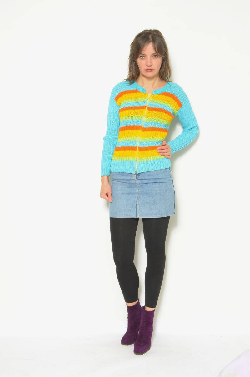 Gerippter Reißverschluss-Pullover/Vintage 90Er Jahre Bunt Gestreifte Strickjacke - Größe S von MikseStudio