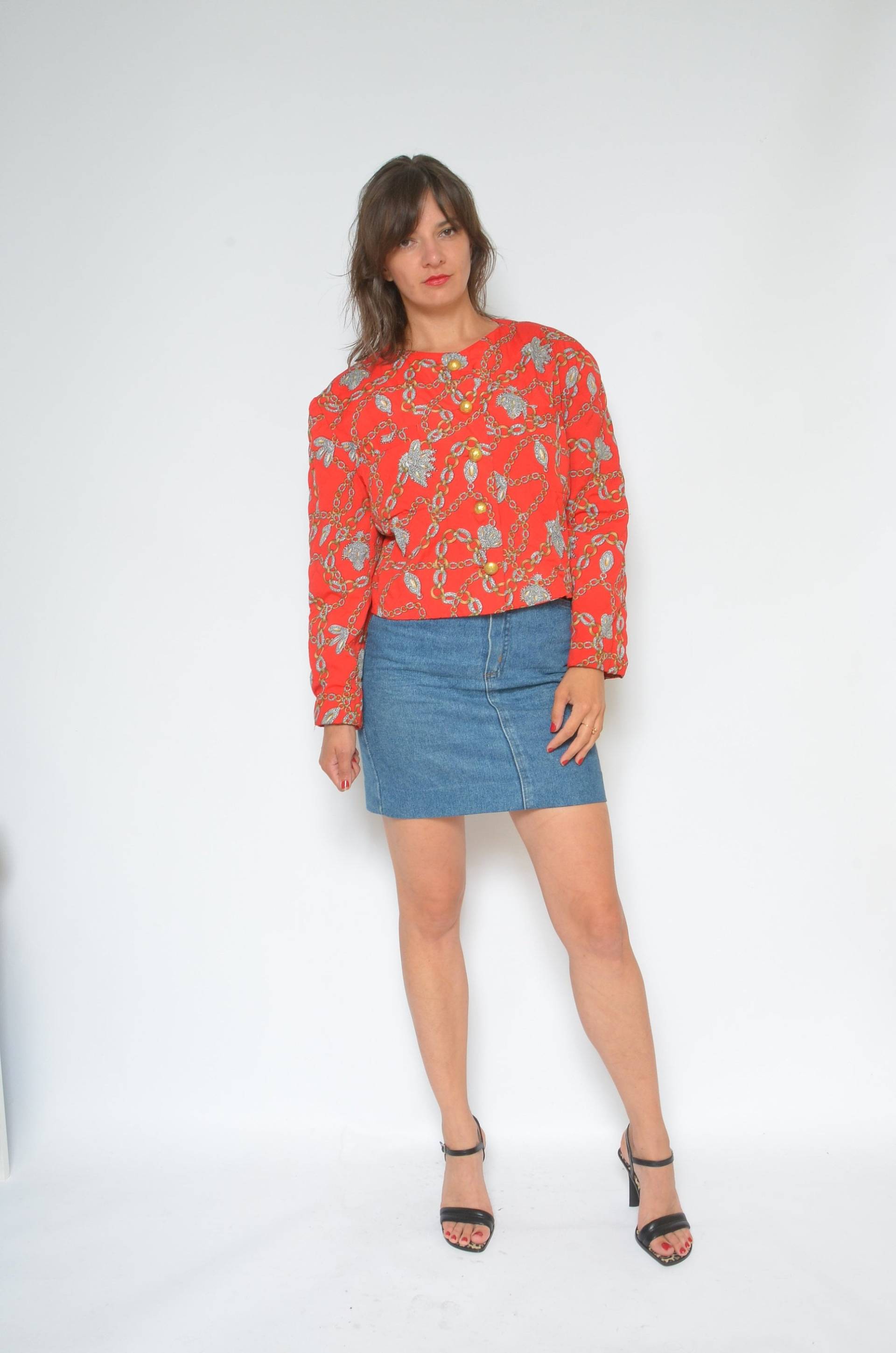 Gesteppte Knopf Jacke/Vintage 80Er Jahre Ketten Print Kurz Blazer - Size Large von MikseStudio