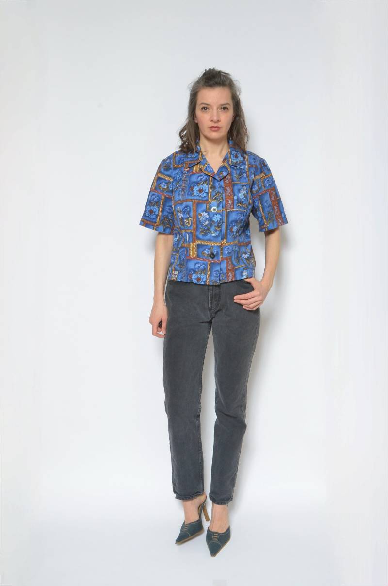 Hemd Mit Blumendruck/Vintage 90Er Jahre Knopf Kurzarm Bunte Bluse - Größe Medium von MikseStudio