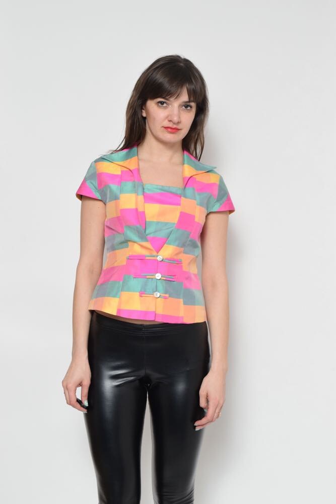 Jahrgang 90Er Farbe Block Horizontal Streifen Bluse/Regenbogen-Taste Oben von MikseStudio