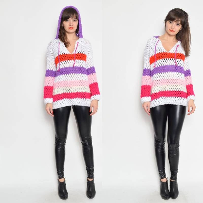 Jahrgang Häkeln Kapuzen Colorblocking Pullover von MikseStudio