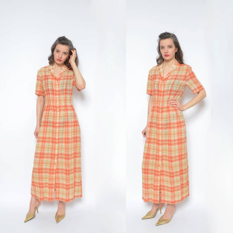 Kariertes Knopfkleid/Vintage 90Er Jahre Mid Sheer Plissee Maxi Oversized Langes Kleid Kurzarm Grunge Sommer Sommerkleid - Größe Small Extra von MikseStudio