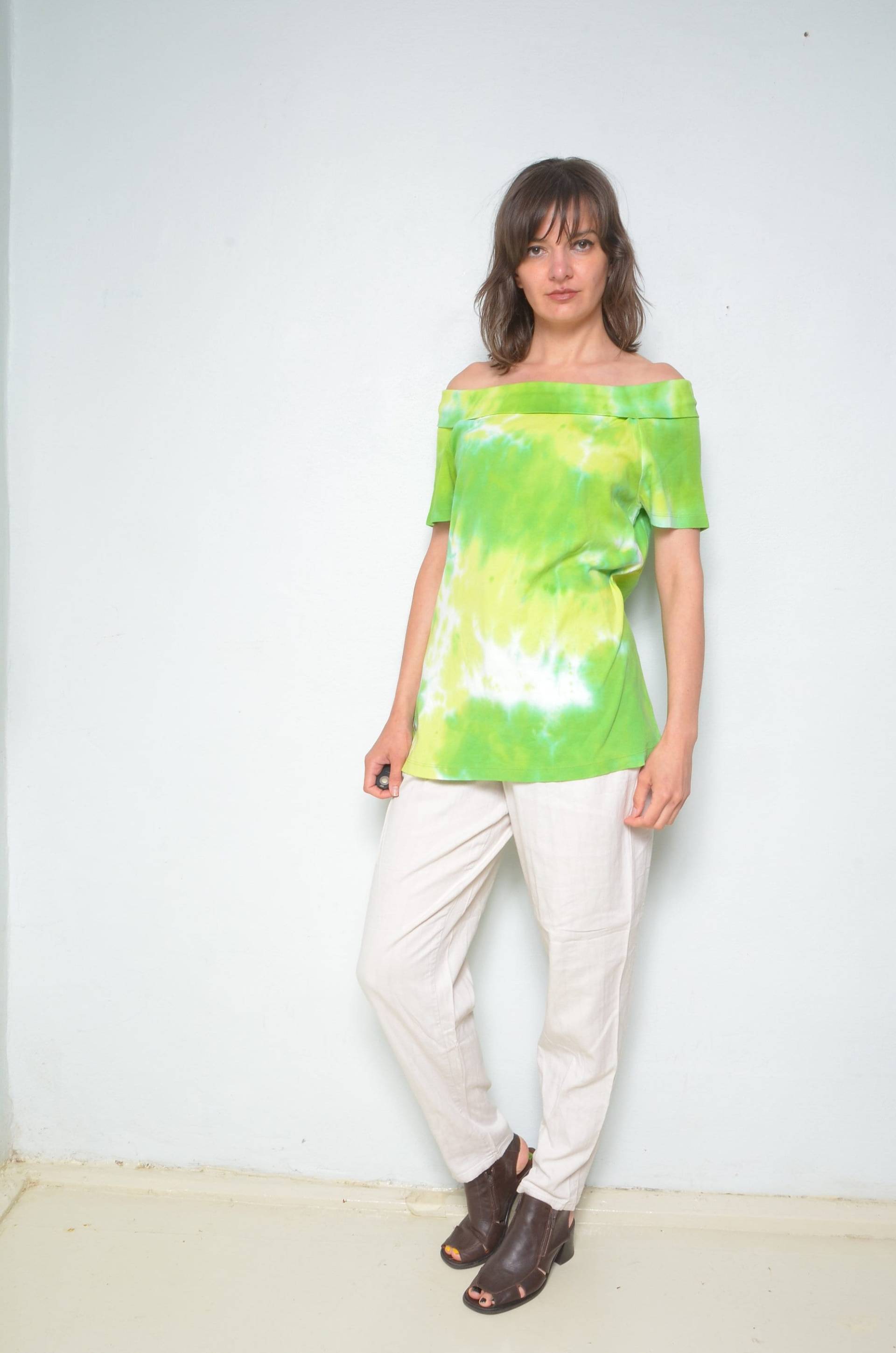 Krawatte Farbstoff Aus Der Schulter Top/Vintage 90Er Jahre Schulterlose Kurzarm Bluse - Größe Xl von MikseStudio