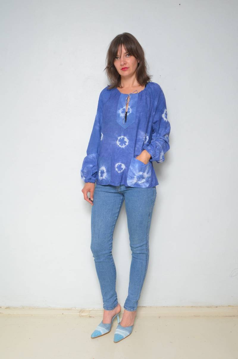 Krawatte Farbstoff Tasche Bluse/Vintage 90Er Jahre Abstrakte Print Langärmelige Übergroße Shirt - Sizemedium von MikseStudio