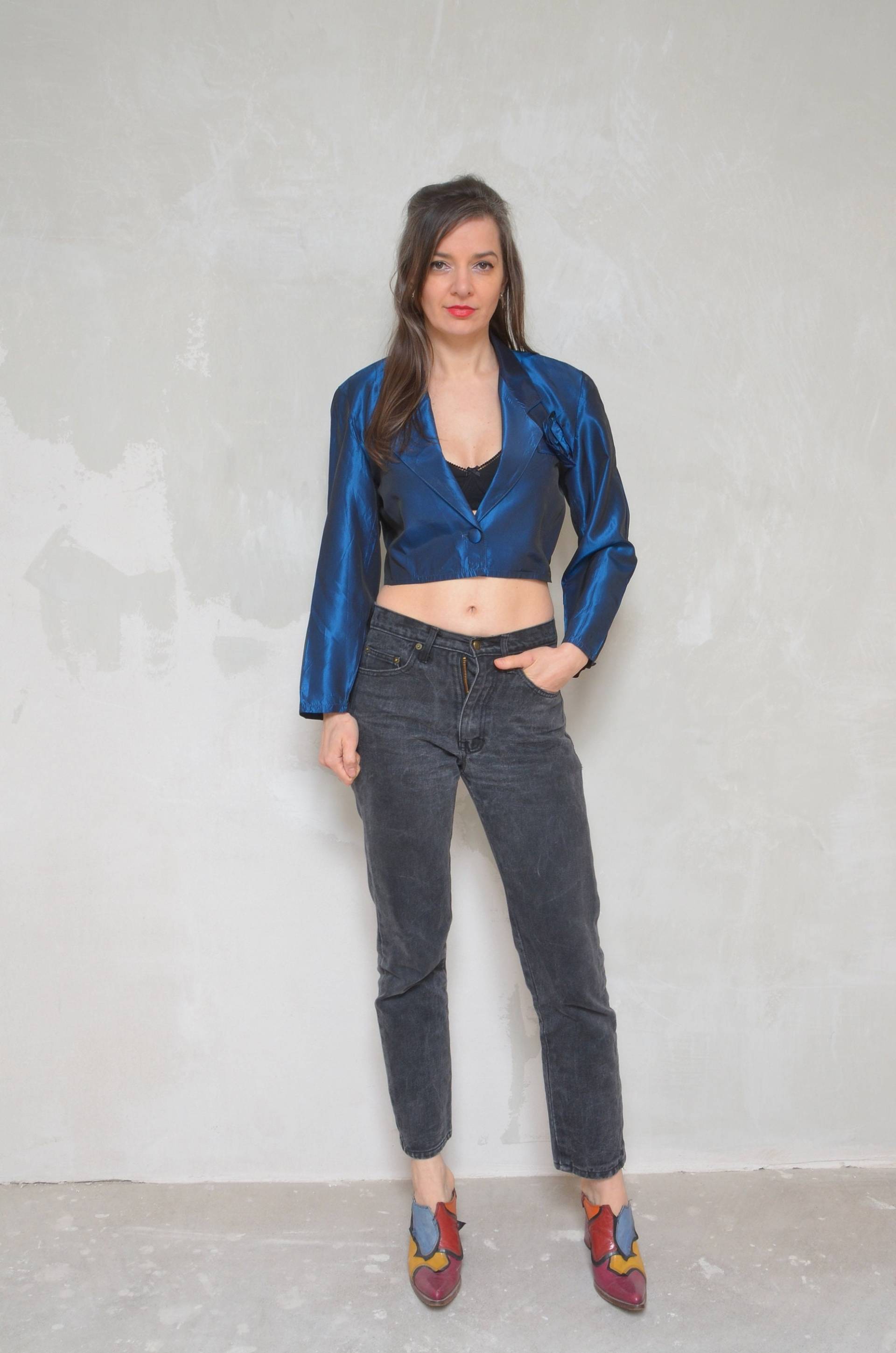 Kurz Geschnittene Satinjacke/Vintage 80Er-Jahre-Kurzblazer Mit Schillernden Knöpfen in Blau Und Schwarz - Größe von MikseStudio