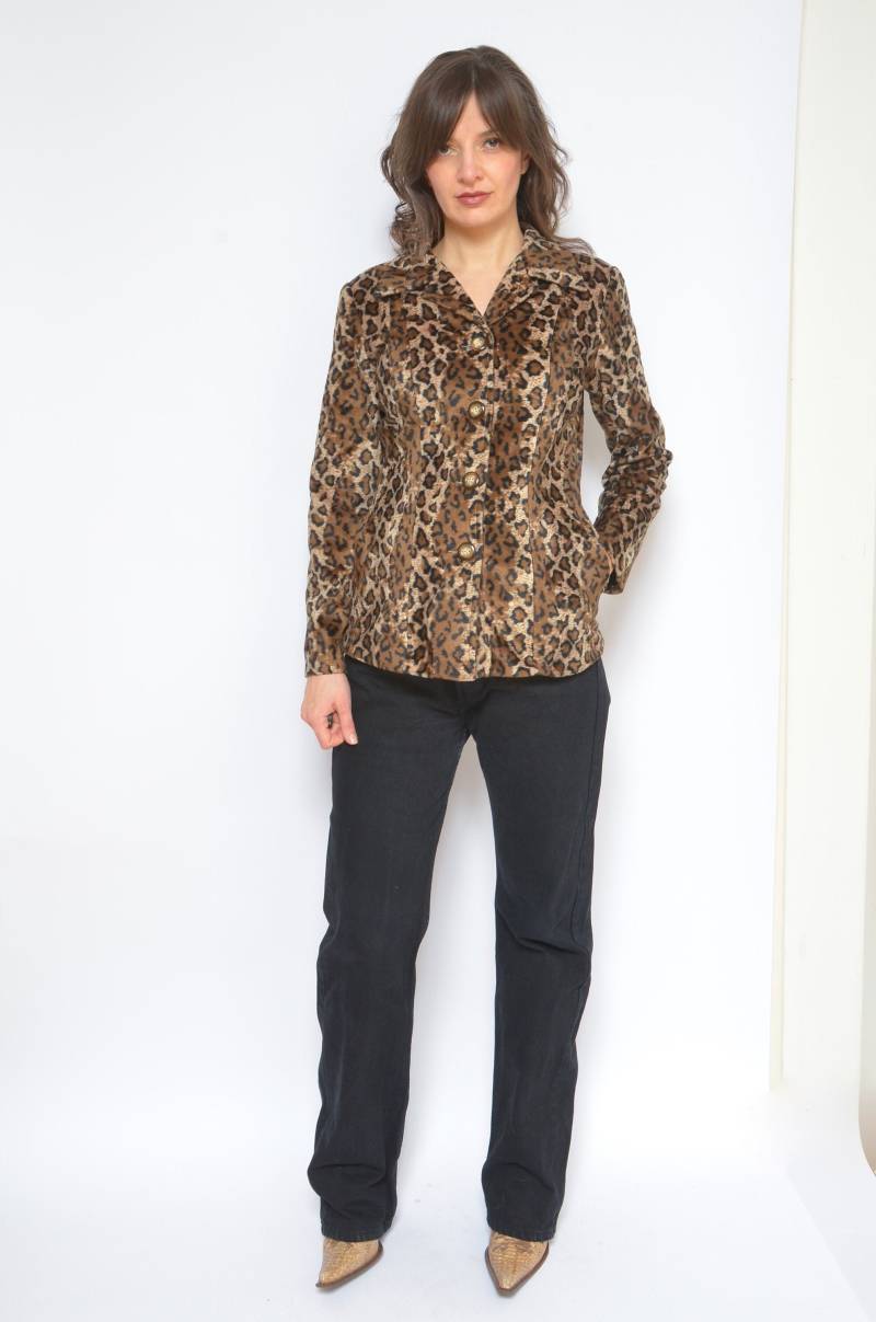 Leopard Kunstfell Blazer/Vintage 90's Button Animal Print Kunstpelzjacke - Size Medium von MikseStudio