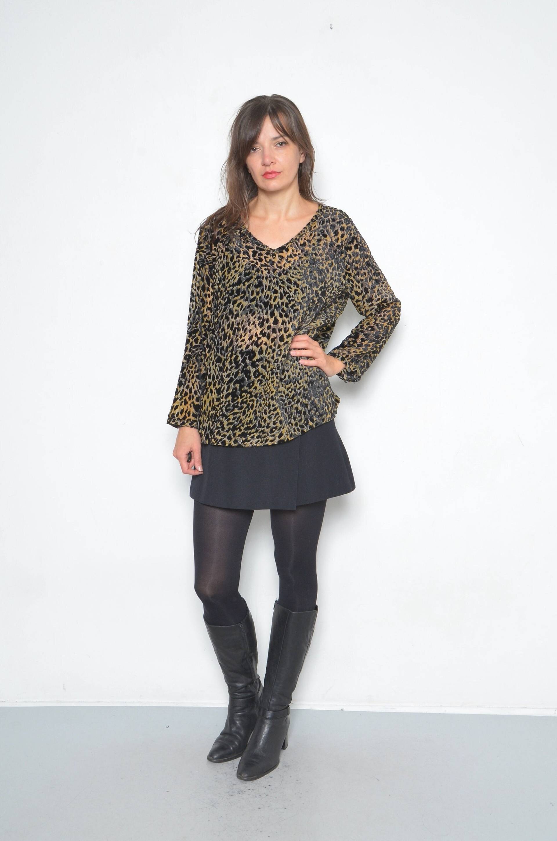 Leopard Print Mesh Top/Vintage 90's Braun Animal Langarmbluse Durchsichtiges Longsleeve - Size Extra Large von MikseStudio