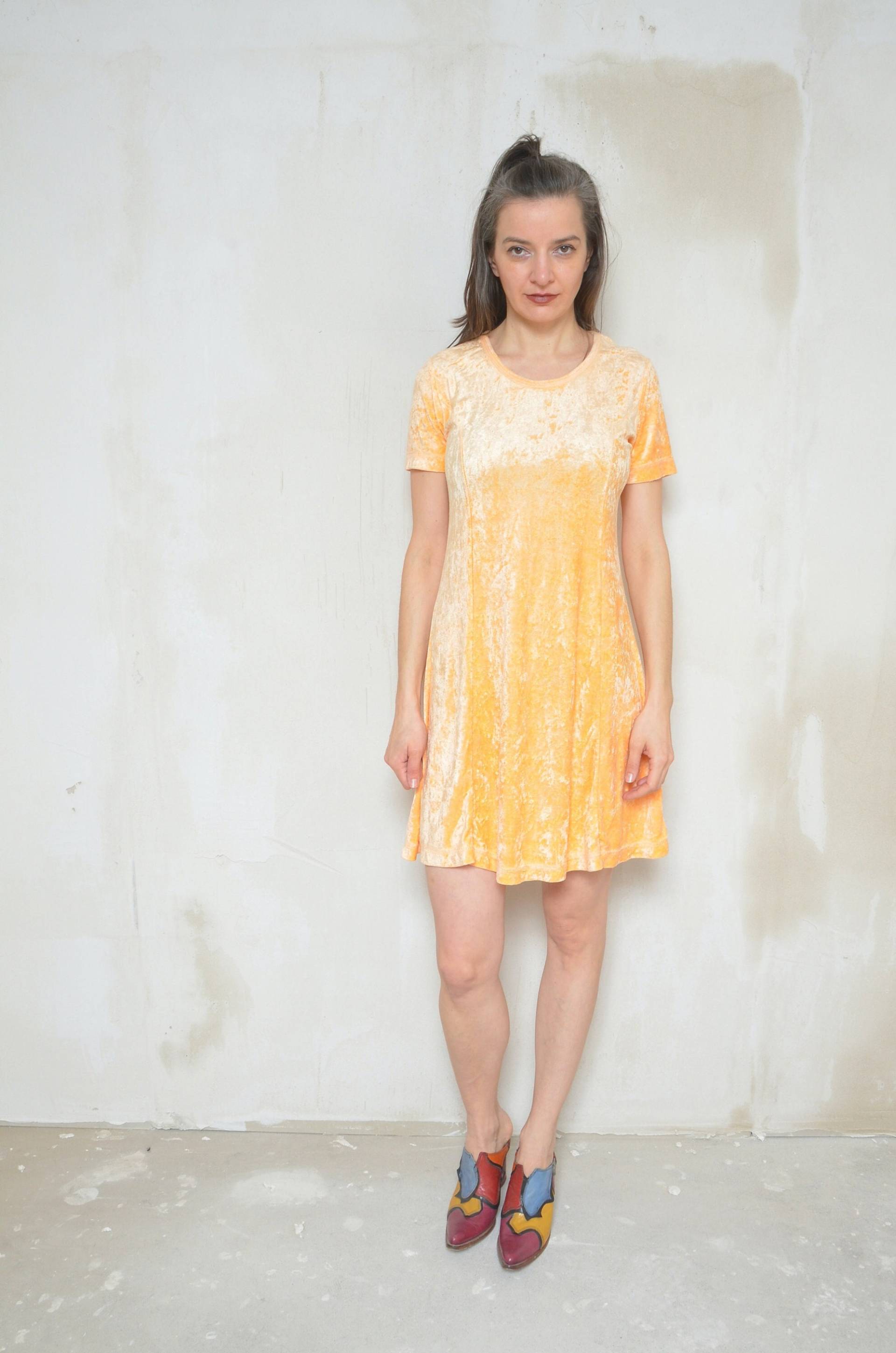 Mini Samt Kleid/Vintage 90Er Jahre Kurzarm Oranges Skater - Size Medium von MikseStudio
