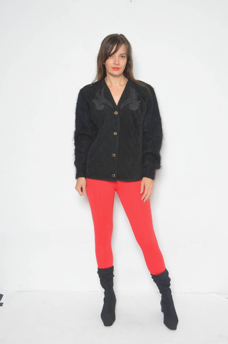 Mohair Knopf Perlen Strickjacke/Vintage 80Er Jahre Wildleder Verschönerter Wollpullover - Größe Medium von MikseStudio