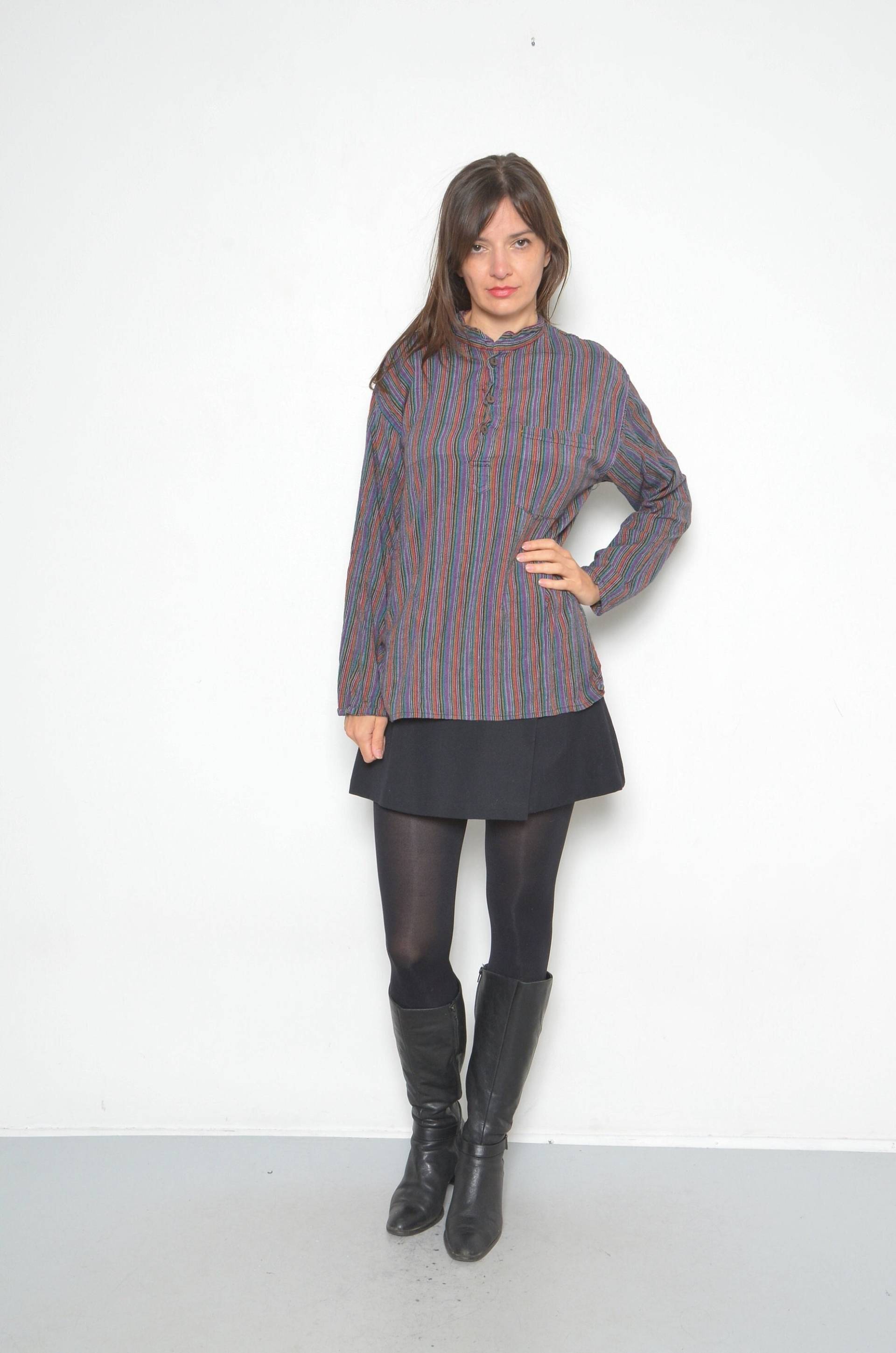 Nadelstreifen Bunte Bluse/Vintage 90Er Jahre Langarm Knöpfe Up Baumwolle Natur Shirt - Größe Groß von MikseStudio