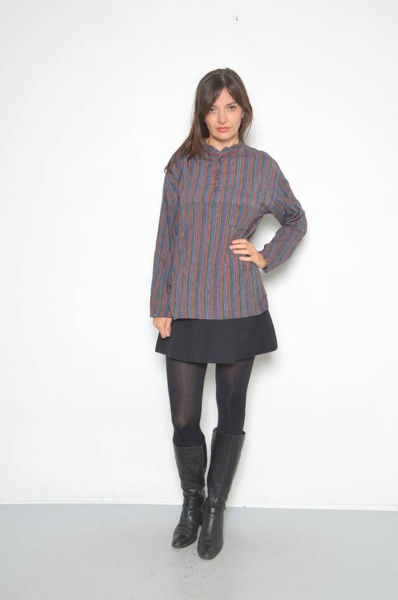 Nadelstreifen Bunte Bluse/Vintage 90Er Jahre Langarm Knöpfe Up Baumwolle Natur Shirt - Größe Groß von MikseStudio