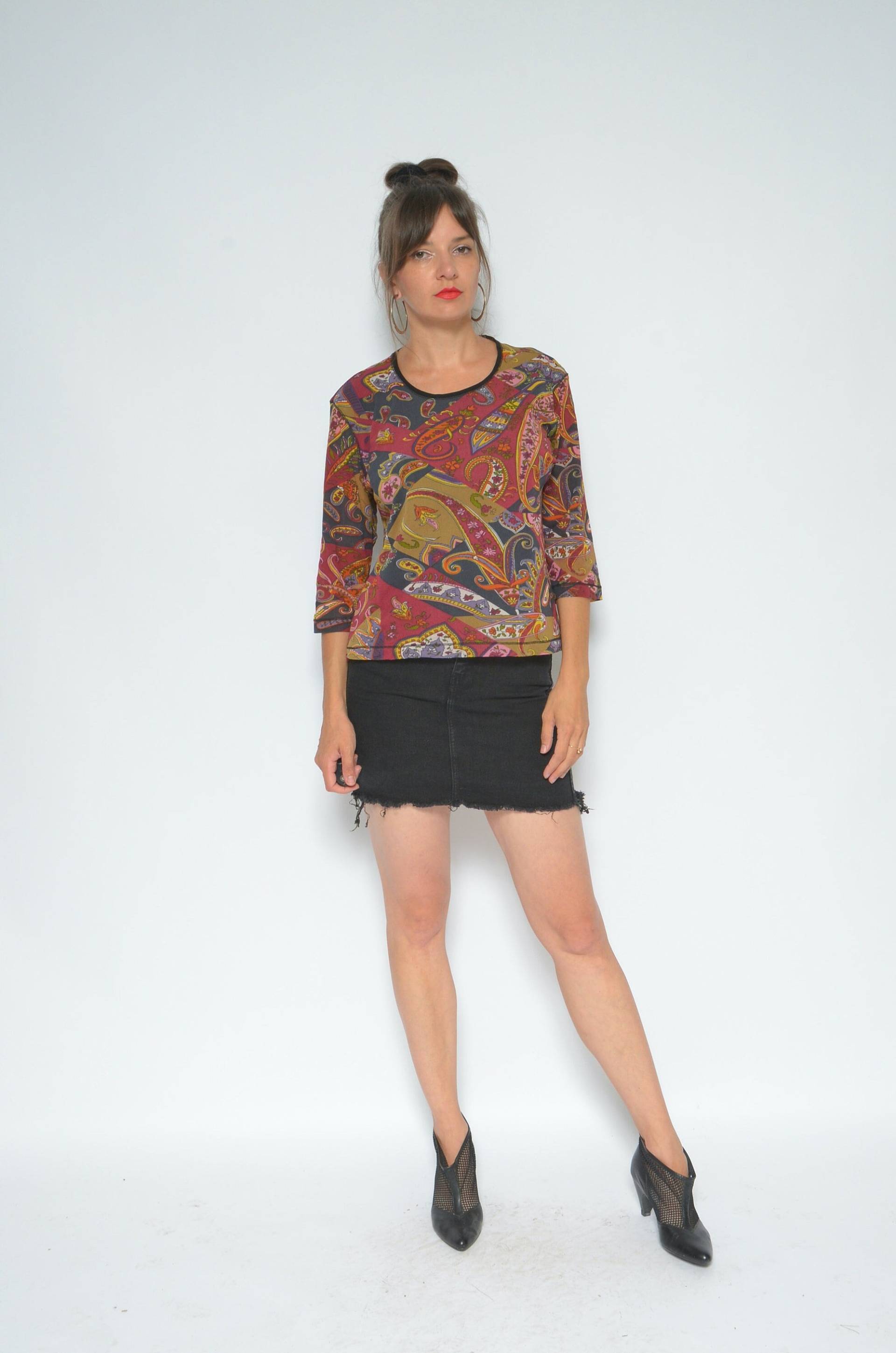 Netz Paisley Top/Vintage 90Er Jahre Mid Sheer Langarm Bunte Bluse - Size Large von MikseStudio