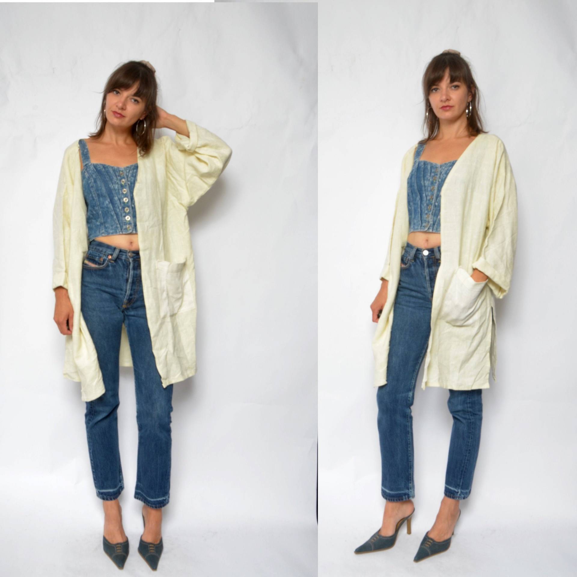 Oversized Beige Long Blazer/Vintage 90Er Jahre Natürliche Baumwoll Tasche Sommerjacke - Size Large von MikseStudio