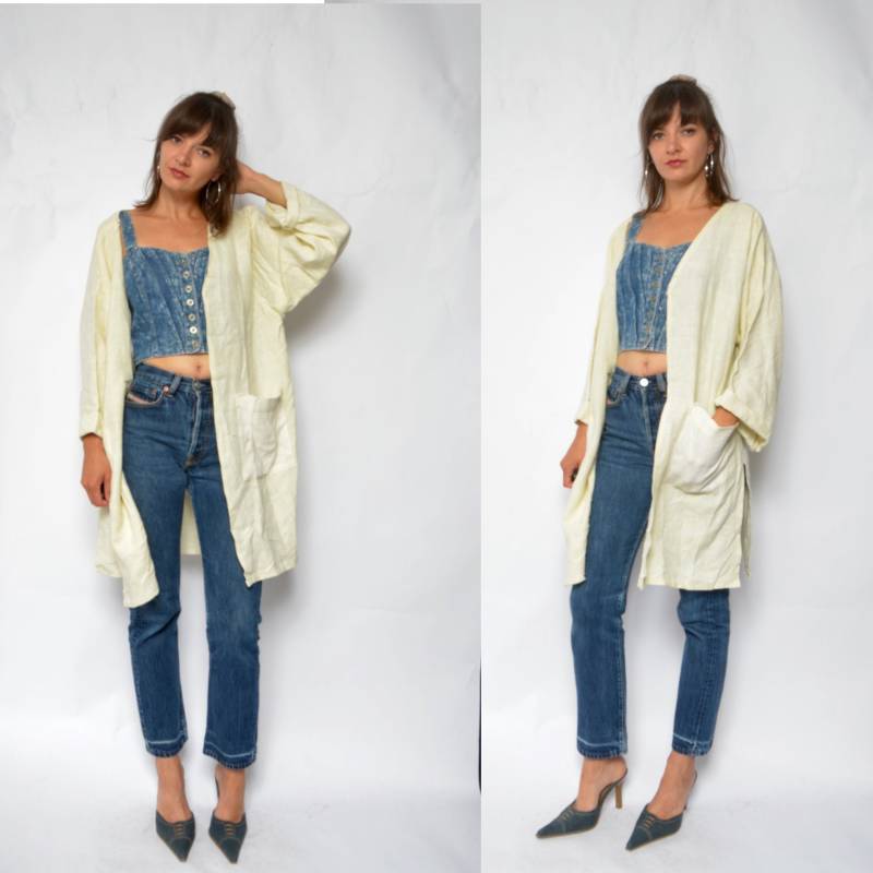 Oversized Beige Long Blazer/Vintage 90Er Jahre Natürliche Baumwoll Tasche Sommerjacke - Size Large von MikseStudio