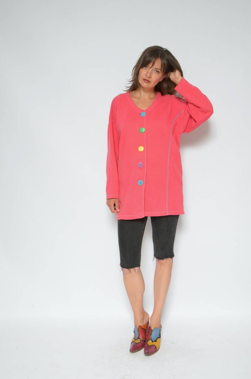 Oversized Button Sweatshirt/Vintage 80Er Jahre Langarm Bunter Blazer - Größe S von MikseStudio
