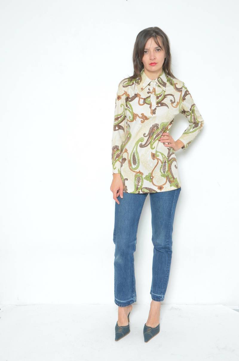 Paisley Buttons Up Top/Vintage 70Er Jahre Bunte Floral Print Langarm Bluse - Größe Groß von MikseStudio