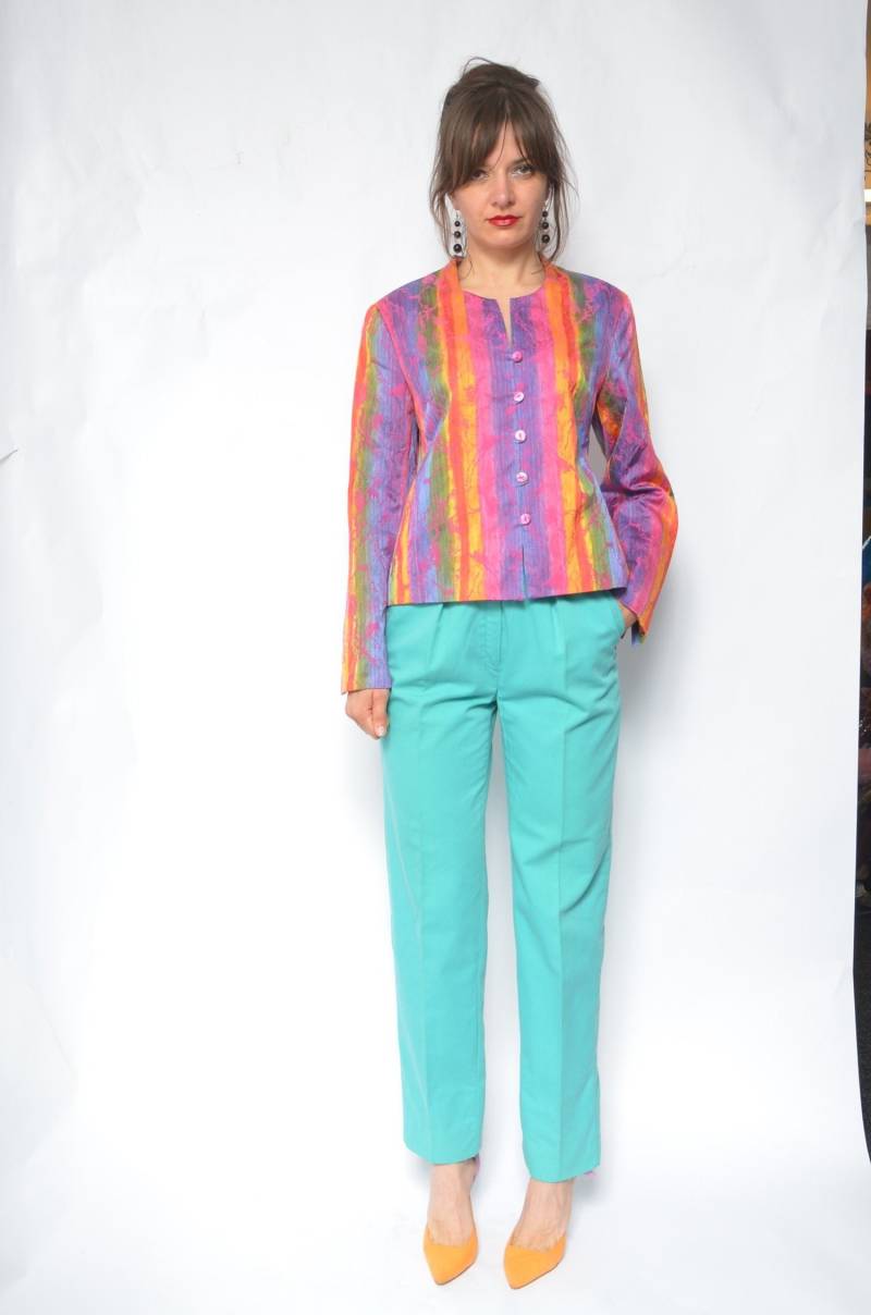 Regenbogen Knöpfe Jacke/Vintage 90Er Jahre Bunt Taillierte Blazer - Größe Medium von MikseStudio