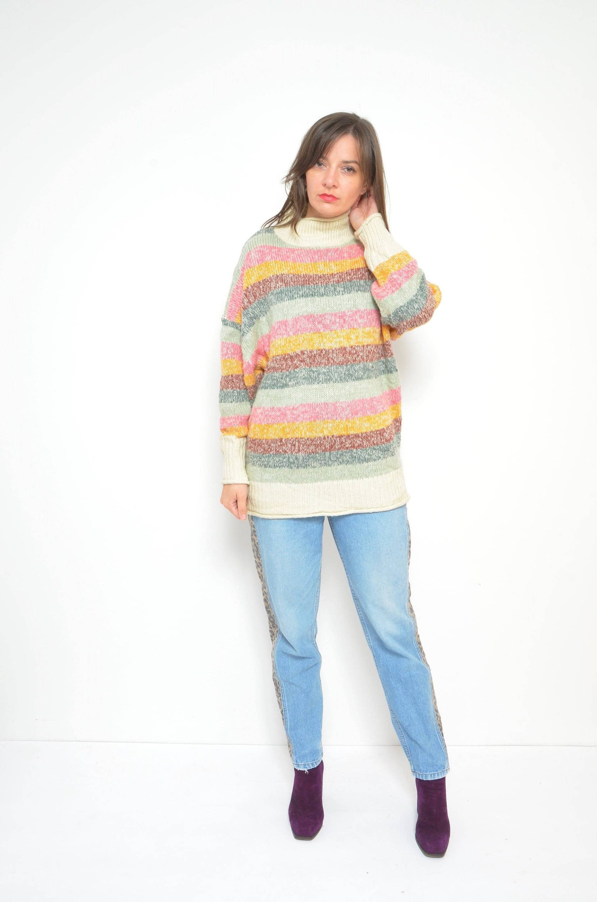Regenbogen Oversized Pullover/Vintage 00Er 2Yk High Neck Bunt Gestreifter - Größe Medium/Large von MikseStudio