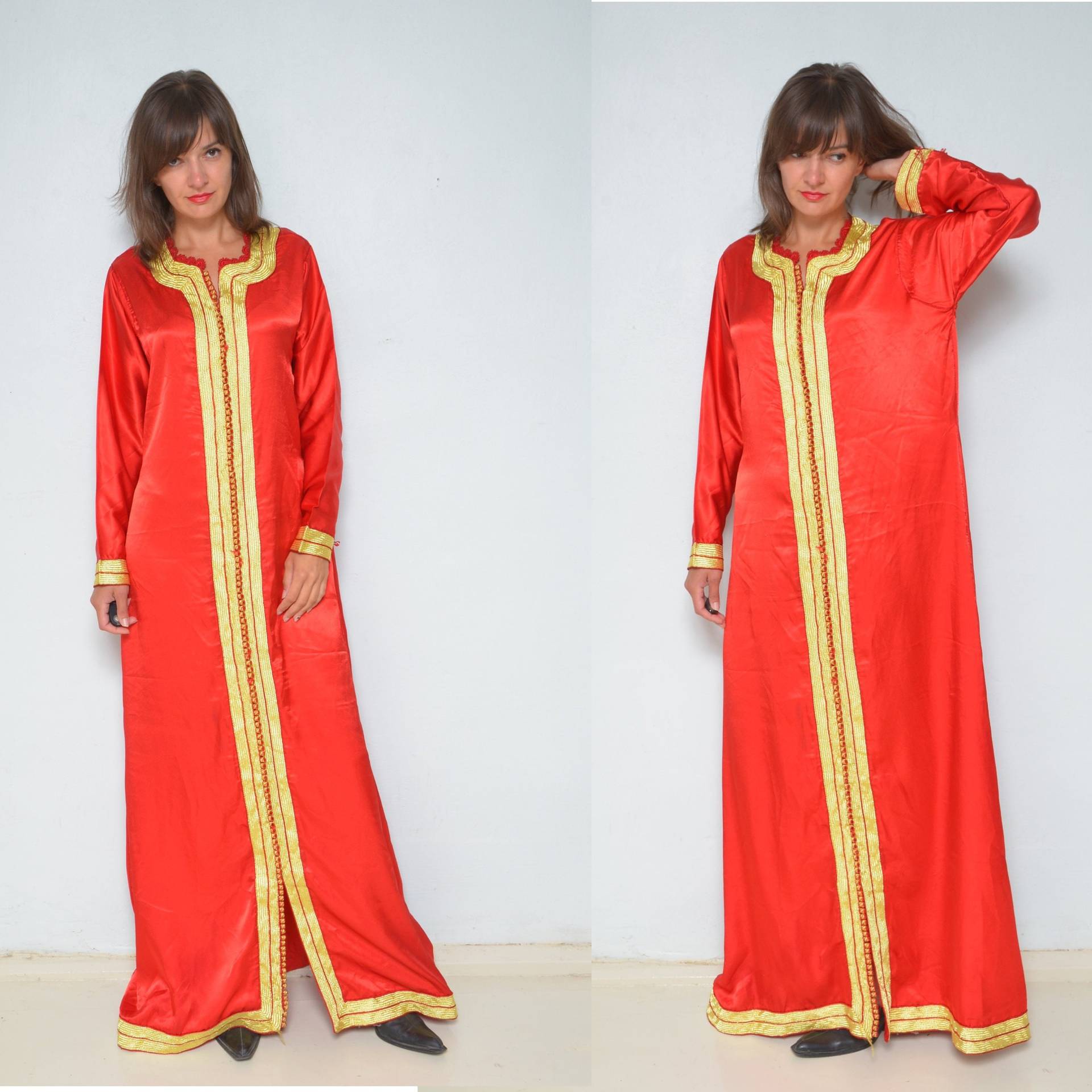 Rote Satin Tunika/Vintage 90Er Jahre Langarm Maxi Kleid - Größe Medium von MikseStudio