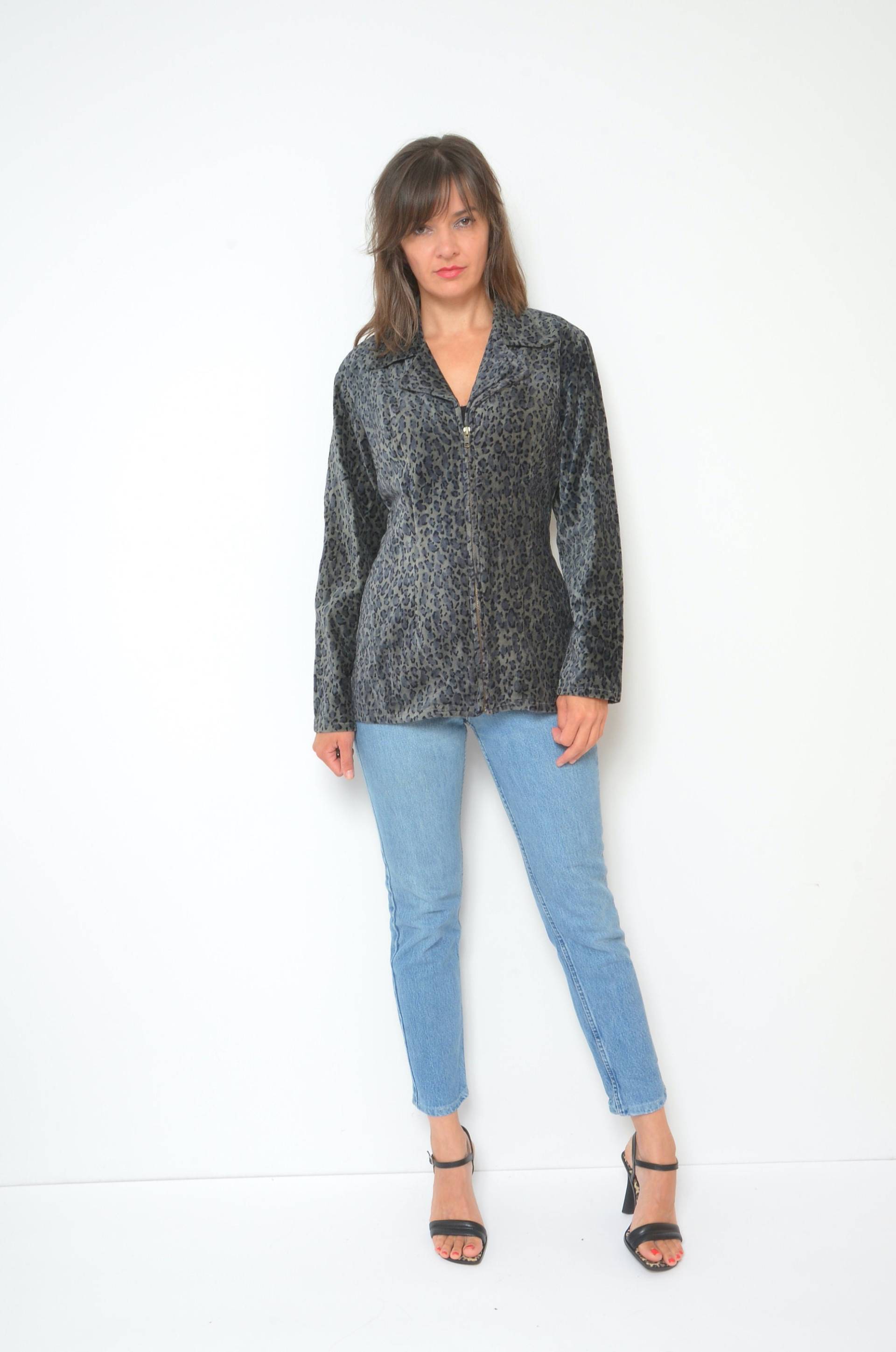 Samt Leopard Jacke/Vintage 90Er Jahre Reißverschluss Animal Print Ausgestattet Blazer - Größe Medium von MikseStudio